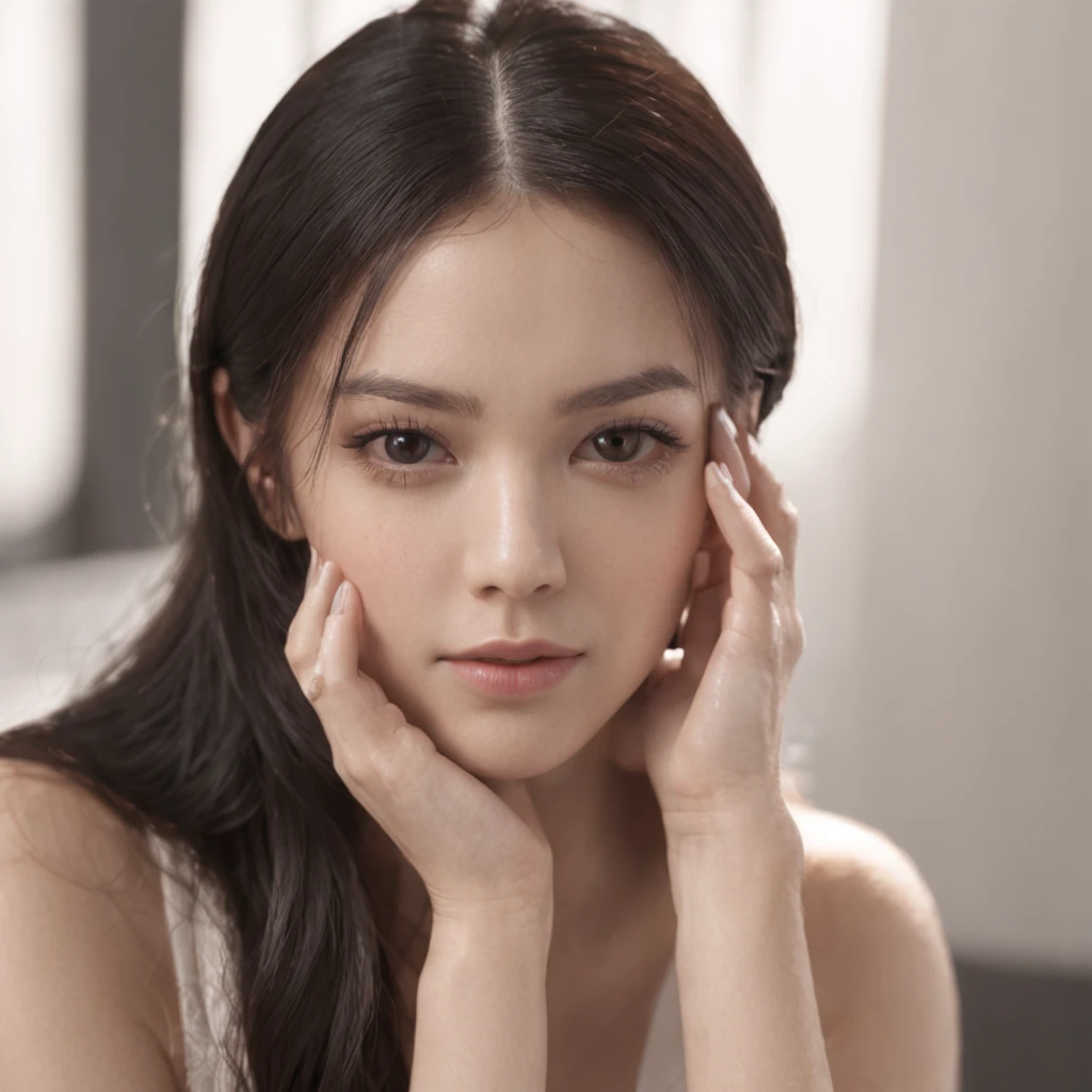 (masterpiece), a beautiful woman, ((black eyes)), black hair, long hair, a male hand touches her hair, realistic, hyperrealistic, beautiful face, delicate facial features, high detail, high quality, best quality, 16k, lens flare, atmosphere, glow, detailed, intricate, full of colour, cinematic lighting, hyperrealistic, focused, extreme details, professional lighting, photon mapping, radiosity, physically-based rendering, above waist