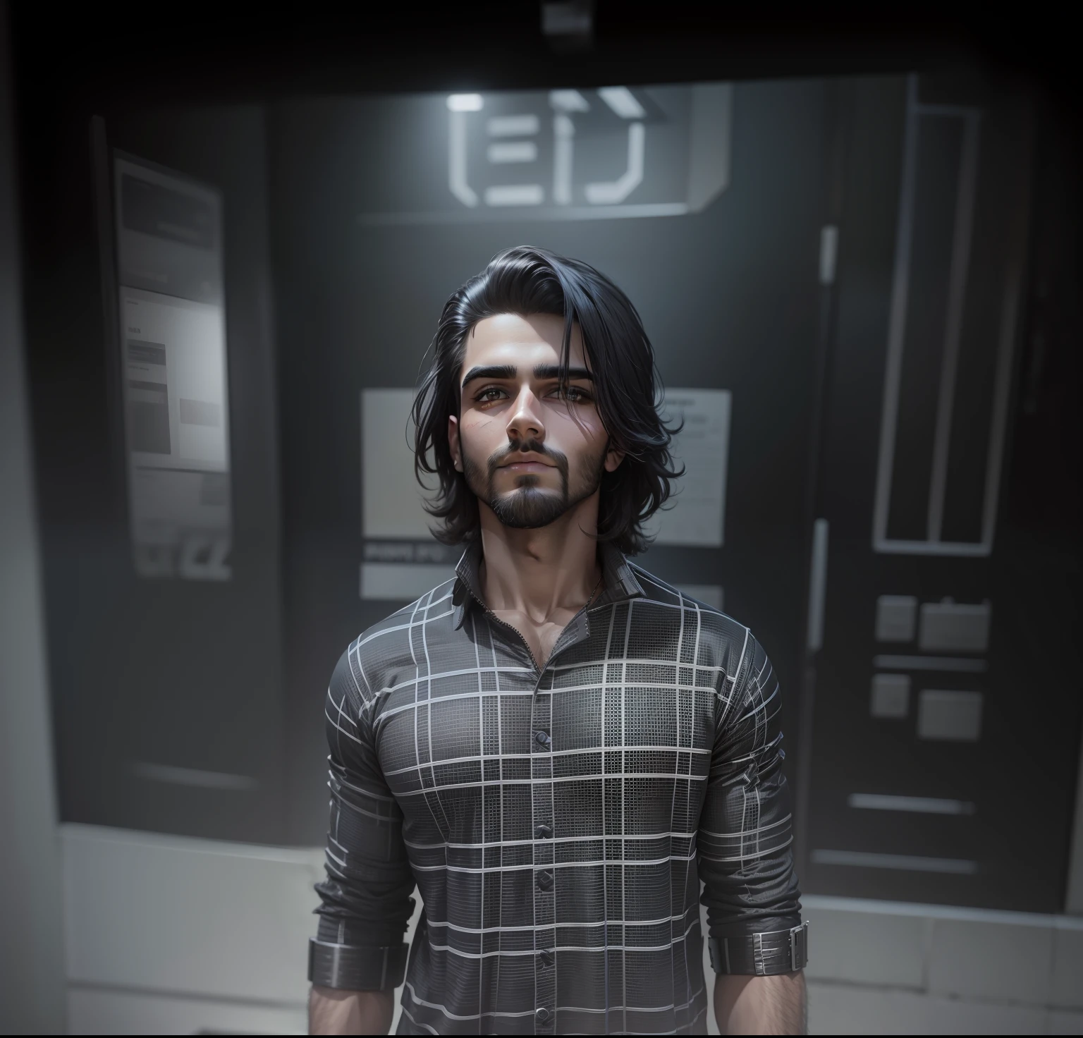 cyber punk handsome boy with perfect matching face with uploaded image and Normal medium beard and muscular body shape and dark background and " BHAWESH " written on the background