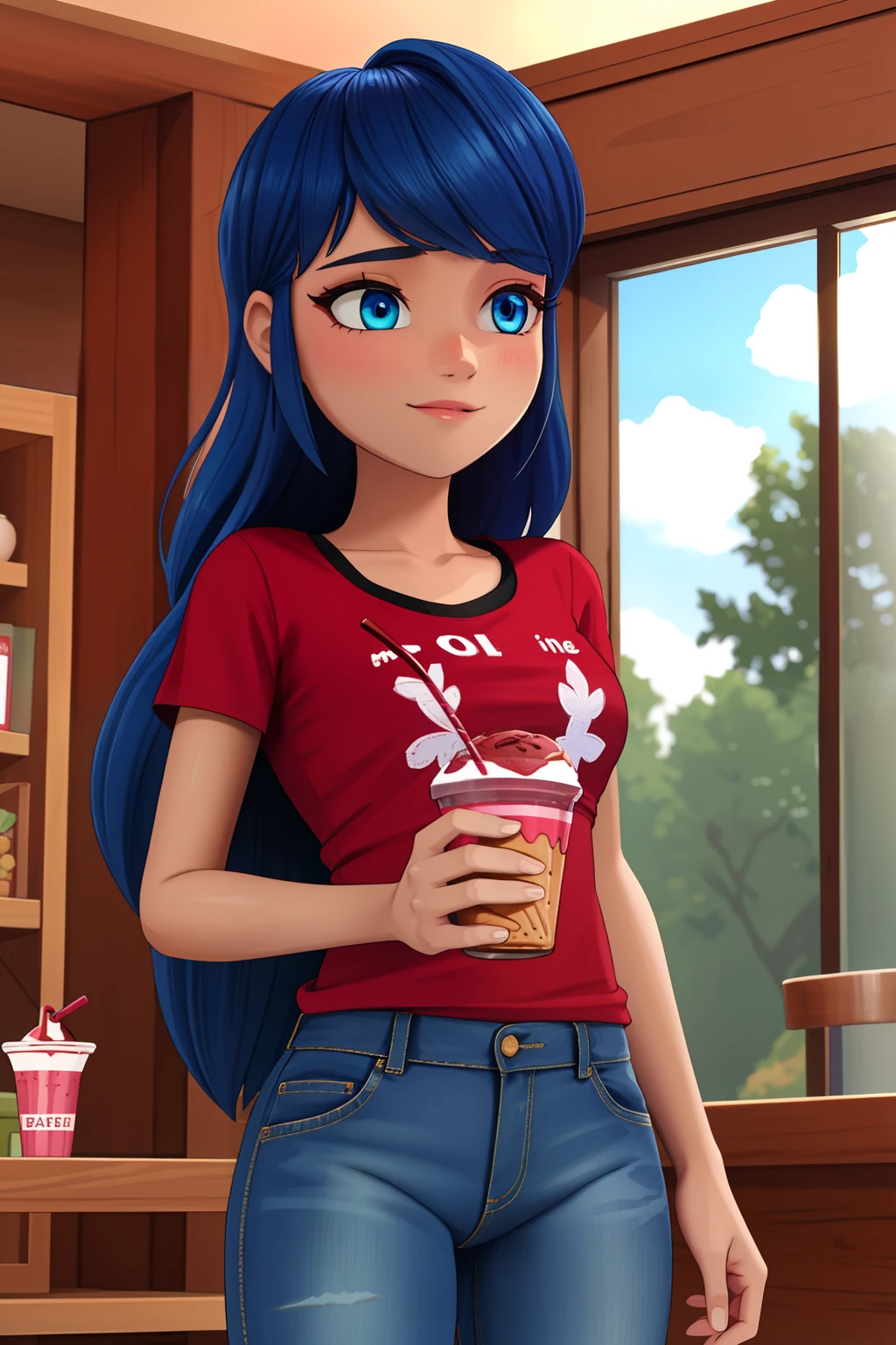 (8k, RAW photo, best quality, masterpiece:1.2), (intricate details), perfect eyes, perfect face, perfect lighting, beautiful, (masterpiece:1.2), (best quality:1.2), 1girl, solo, marinette, blue hair, ((long hair down)), adult torso, 17 years old, slight smile, medium sized breasts, (jeans, red t-shirt), holding a chocolate milkshake, cowboy shot, 3DMM