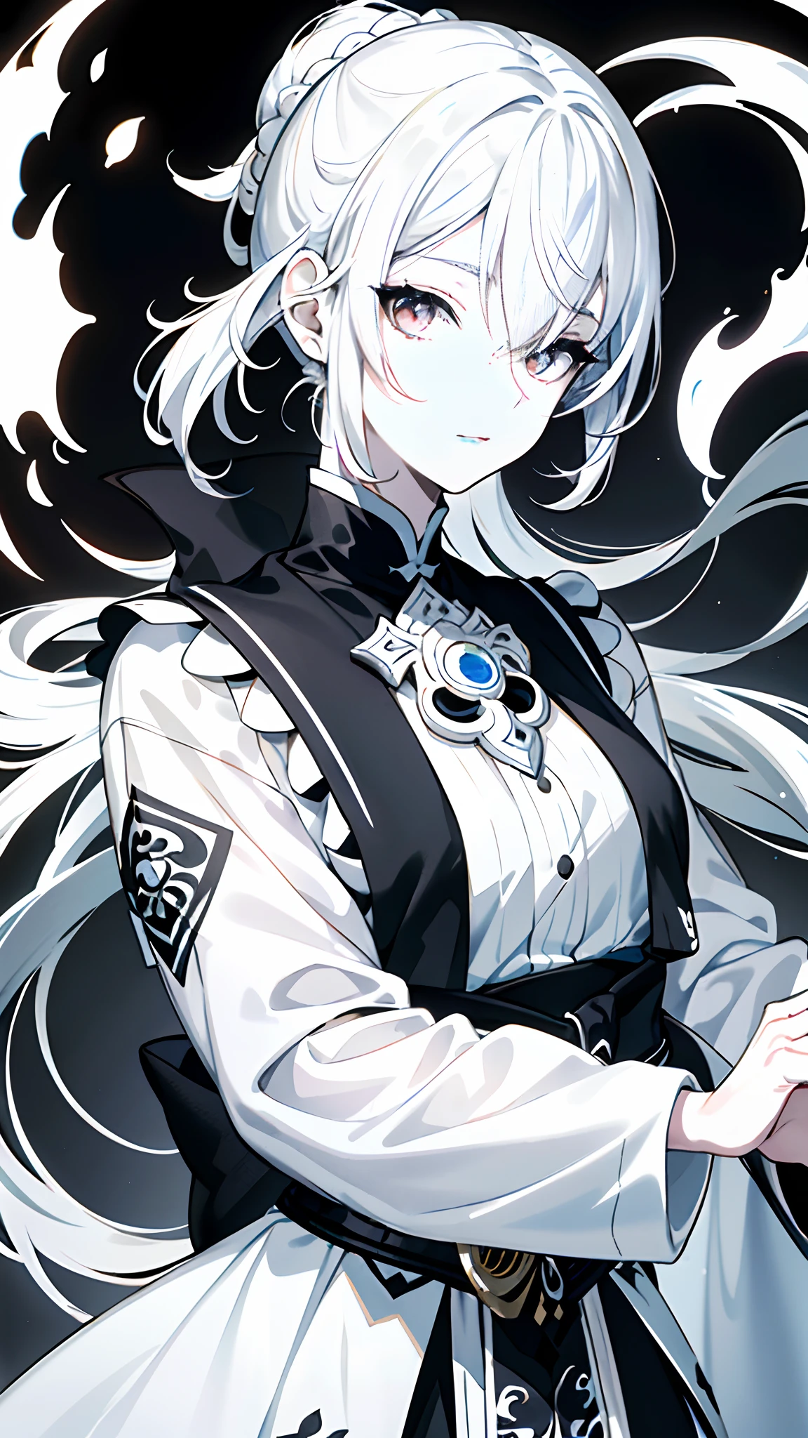 close-up of a woman with white hair and white mask，Belle peinture de personnage，Costume black and white ink style，The face is detailed and colorful，aquarelle，Pale，Martial arts style，National style，A delicate and beautiful face，Waist seal，Sharp eyes，Long sword。