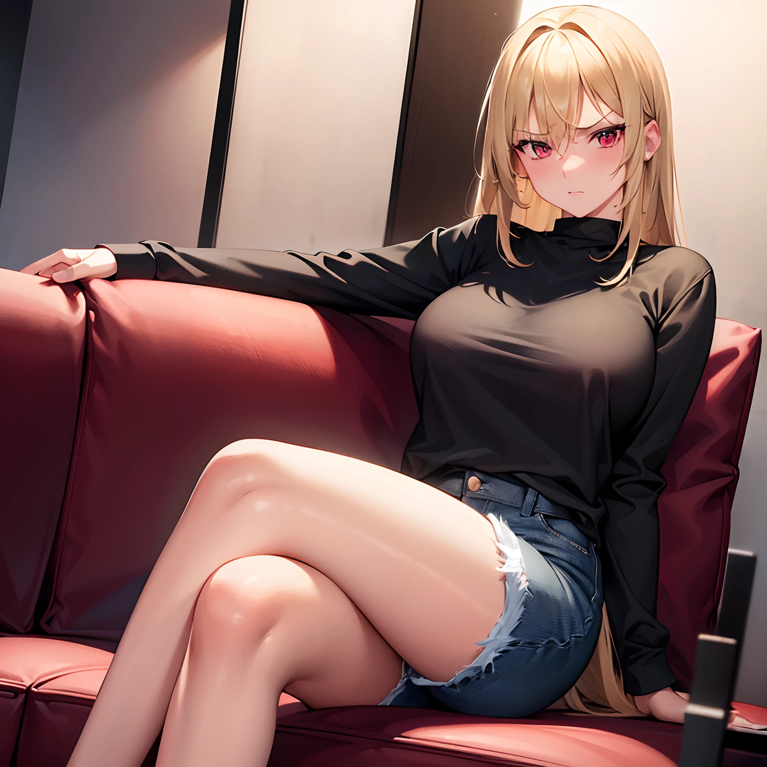 1 girl, ultrasharp, high resolution, 8k, tall, cute, busty, pretty, gorgeous, age, medium blonde hair, red eyes, wearing a loose black T-shirt, short jean, looking at viewer, look annoyed, slightly blushing, sitting on a sofa, crossing legs, head resting on one hand