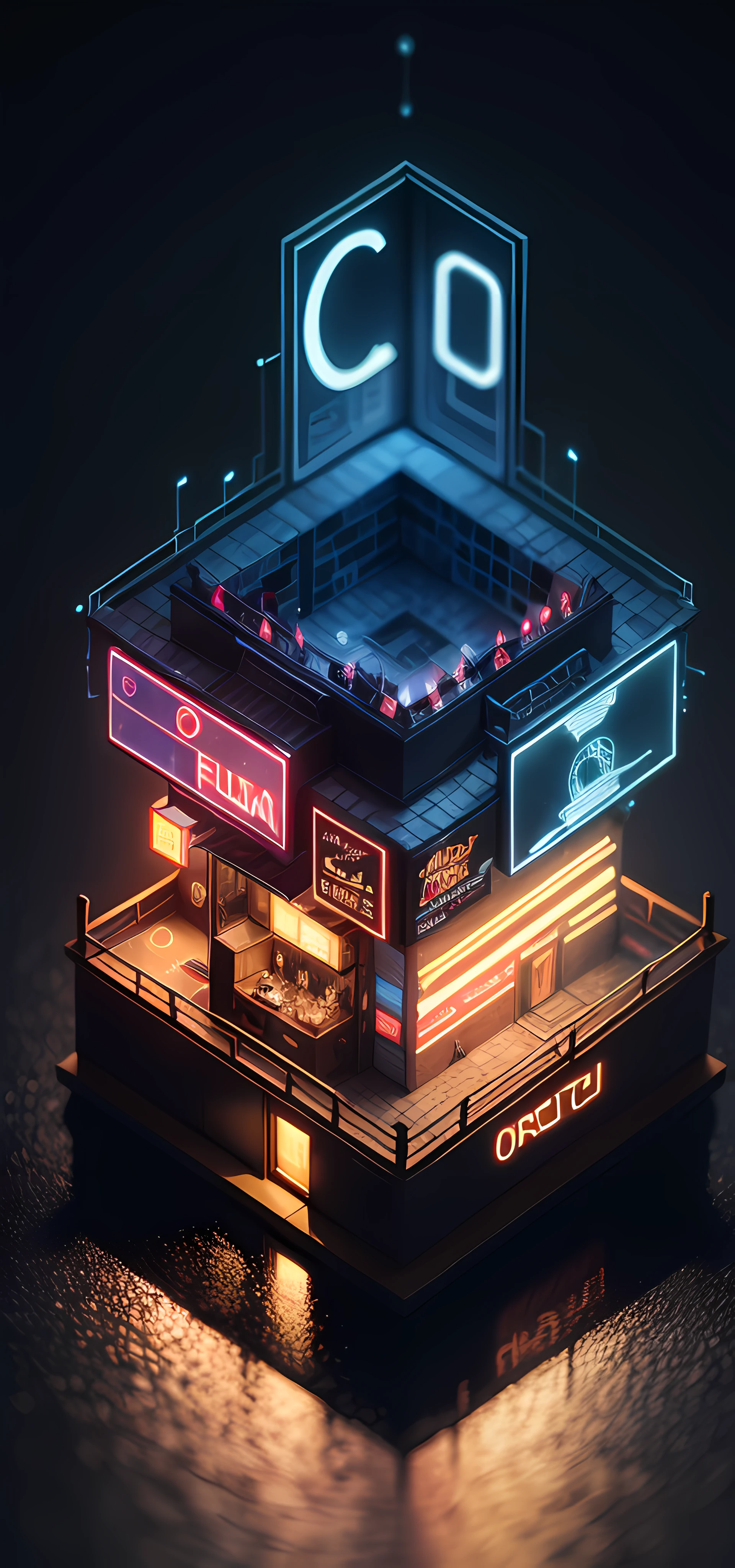 Isometric, 45 degrees, mini nightclub, only 1 nightclub, one, centered, with neon, with dark and blurred background, super realistic, high quality,