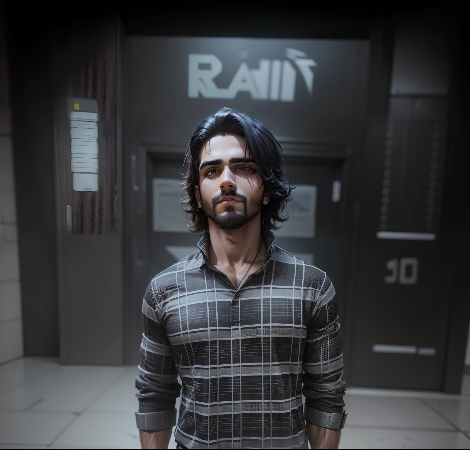 cyber punk handsome boy with perfect matching face with uploaded image and Normal medium beard and muscular body shape and dark background and " BHAWESH " written on the background