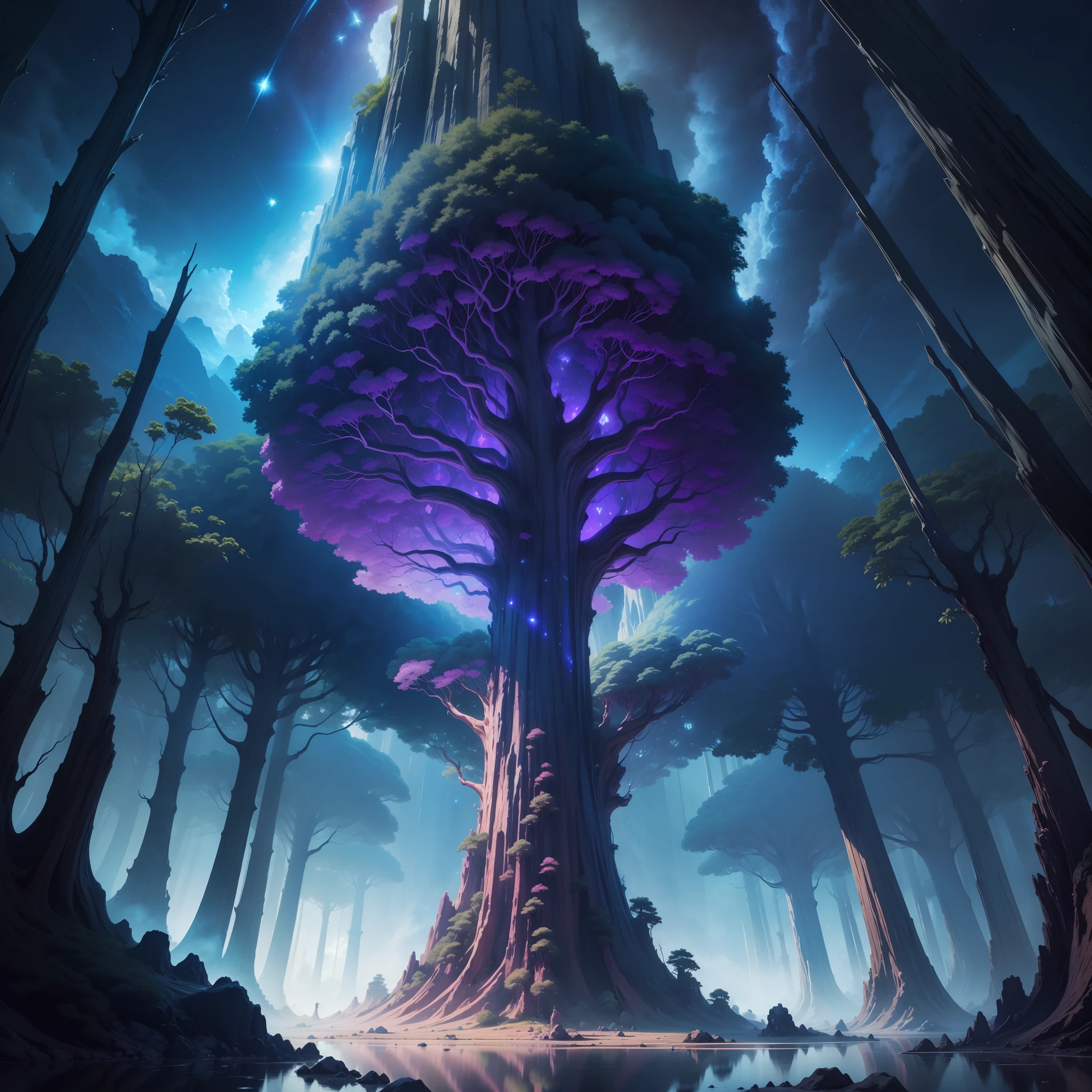 Illustration of a hyperrealistic , Otherworldly, Ultra Sky scene featuring the entire body of a giant crystal tree, Deep and vibrant colors, very detailed and magical lighting, Details of the complex forest, Surrounding vegetation and rivers, Solarpunk ,landscape, massive trees, Beautiful lush with beautiful lighting and realistic proportions, Just like the background of a movie, 8K, Highest Quality, masutepiece, Clouds and stars in the sky.