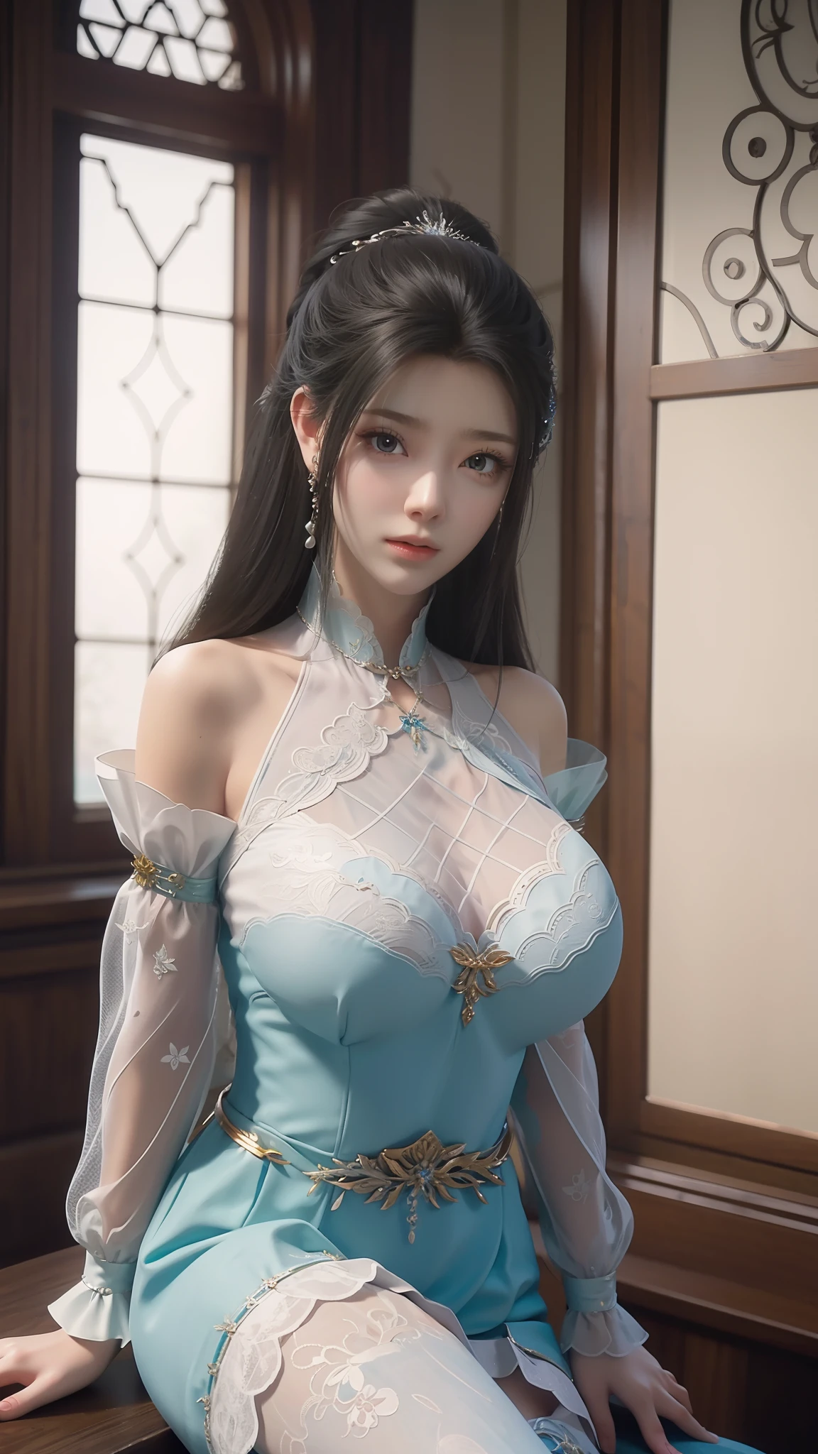 Arad woman in blue dress sitting on windowsill, cute anime waifu in a nice dress, trending on cgstation, 8K high quality detailed art, anime barbie in white stockings, highly detailed exquisite fanart, Extremely detailed Artgerm, the anime girl is crouching, flowing magical robe, beautiful and seductive anime woman, WLOP and Sakimichan, huge tit
