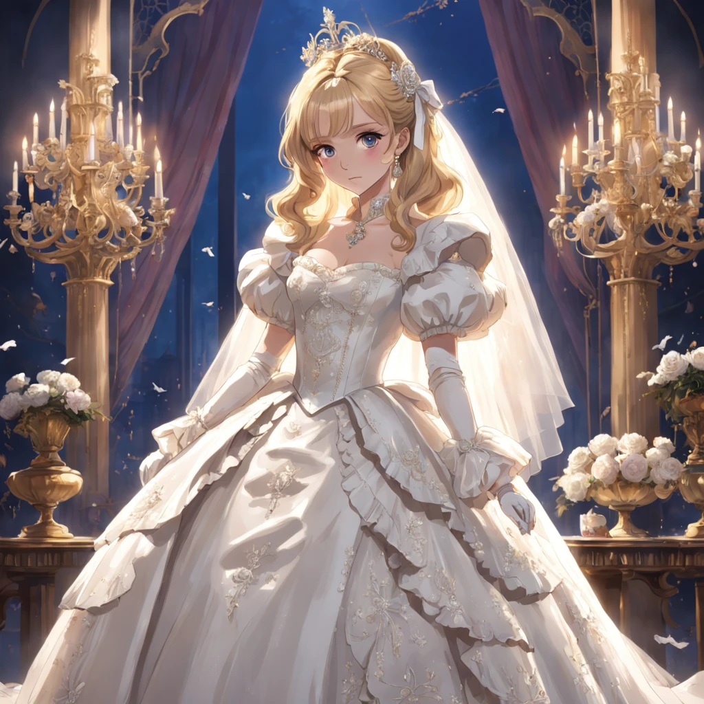 Best quality, Masterpiece, a stunningly beautiful Greer Grammer as a royal bride wearing a stately and elaborate royal wedding dress of white satin and tulle adorned with huge ribbon bows, lace, frills, flounces, embroidery and jewels, with enormous puffed sleeves, an hourglass waist and a voluminous crinoline hoopskirt, bustle, and train, long white gloves, pearl necklace and earrings, elaborately curled and styled hair
