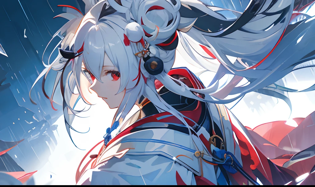 Anime girl with long white hair and red cape in rain, Onmyoji detailed art, Keqing from Genshin Impact, onmyoji, zhongli from genshin impact, onmyoji portrait, white-haired god, heise jinyao, Genshin impact's character, with long white hair, white haired Cangcang, rossdraws sakimimichan, From Arknights