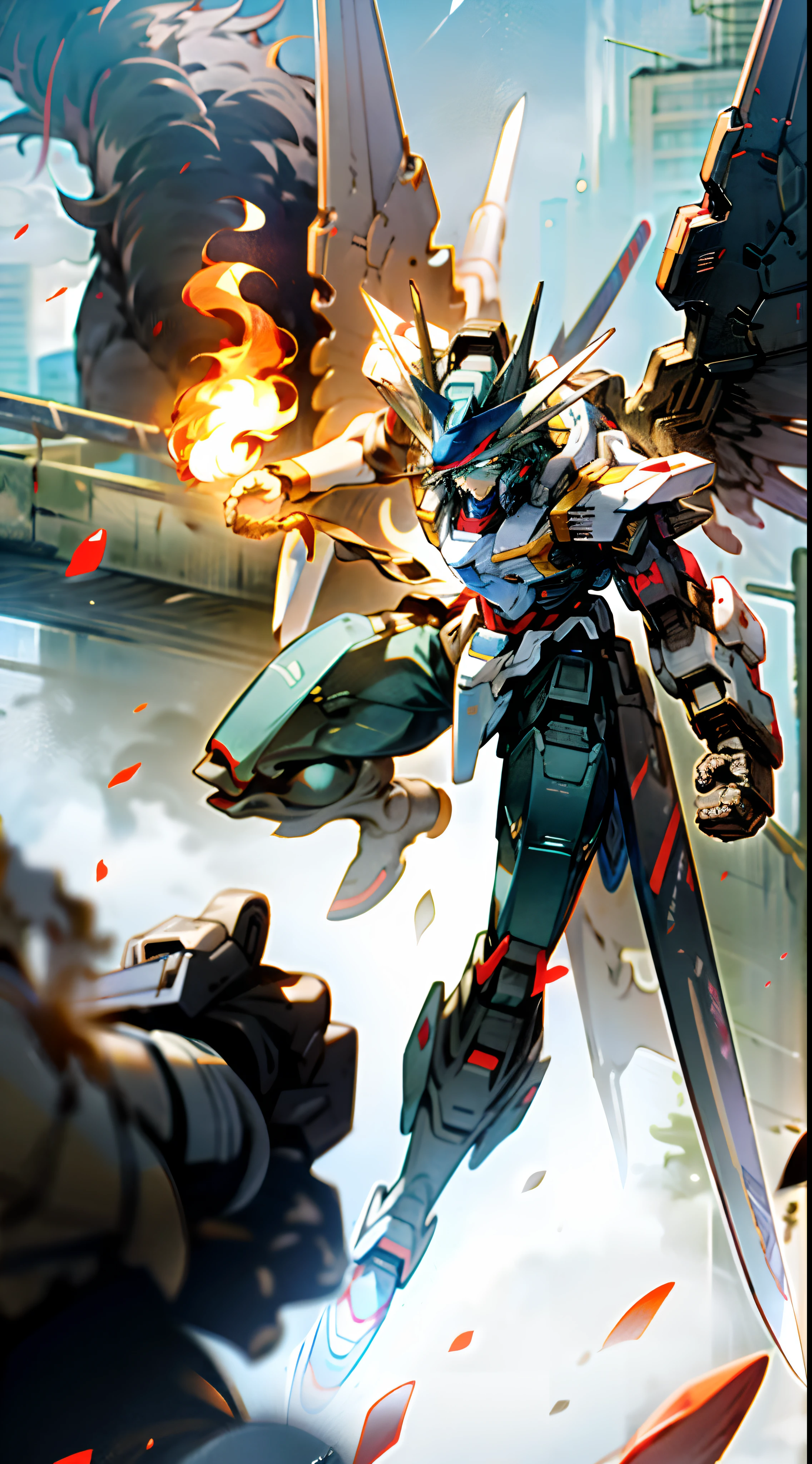surrealism, Ray tracing, hyper HD, High details, 8K, Best quality, Textured skin,Gundam Mech,Dragon wings,tmasterpiece,best qualtiy,mechs,A teenager levitates in the air,(full bodyesbian),(Black Mech:1.5),(轴对称:1.4),(hdr),(cinematric light:1.1),White eyes,Cool,scientific fiction,firey,Don Dao,Fight monsters,Background of the city destroyed with a tang knife,(Armed with a huge weapon:1.5),Mecha male,