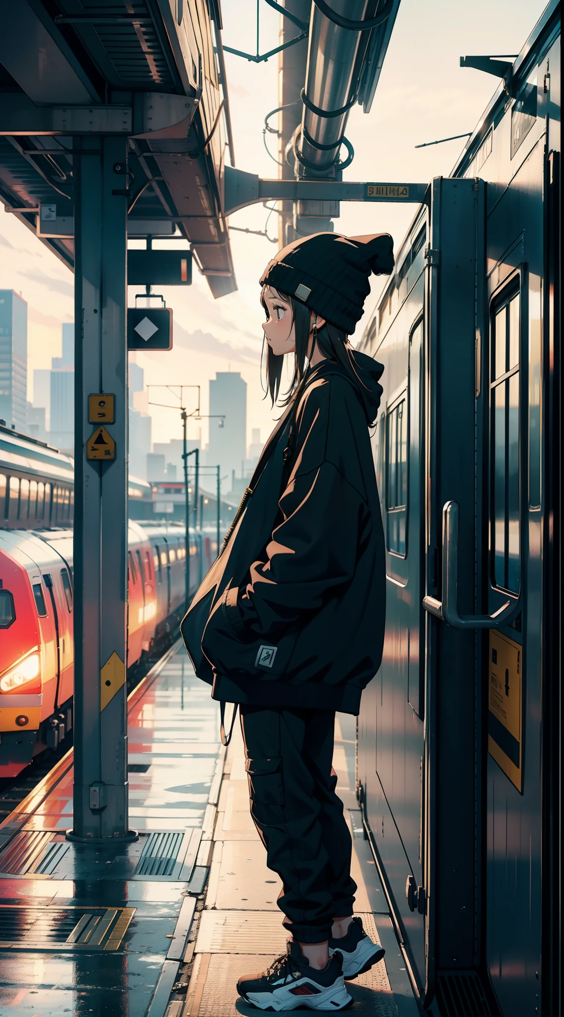 masterpiece, train station platform, solo, 1 girl, oversized sweater, headphones, baggy pants, beanie, sideview, looking at phone, oncoming train, long shot,