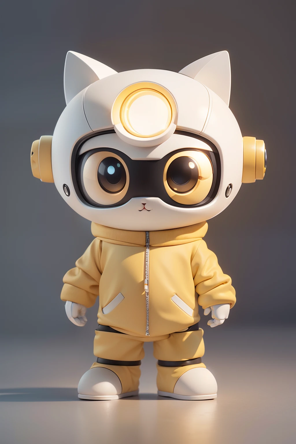 Intelligent robot cat IP,(White and yellow sweatshirt),full body vision,largeeyes,Big head and small body,Black background,natural lightting,8K,tmasterpiece,Top quality,super-fine,Clay material,Pixar style, 3D style, C4D, blender,oc rendered,cleanness