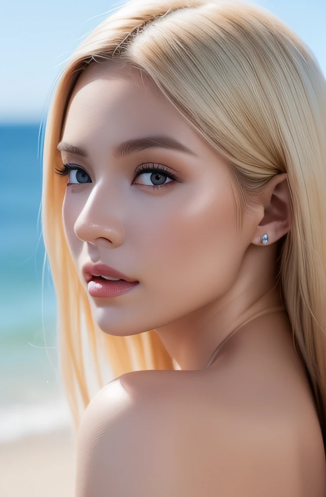 25-year-old European woman、blonde  hair、Serious、(Incredible skin details:1.4)、(Natural skin:1.2)、(pores:0.6)、make - up、(A detailed eye:1.2)、Sea background、studio、Rim Lights、dark ambiance、(bokeh dof:1.2)、a picture、movie、Photorealsitic、A hyper-realistic、posterior view