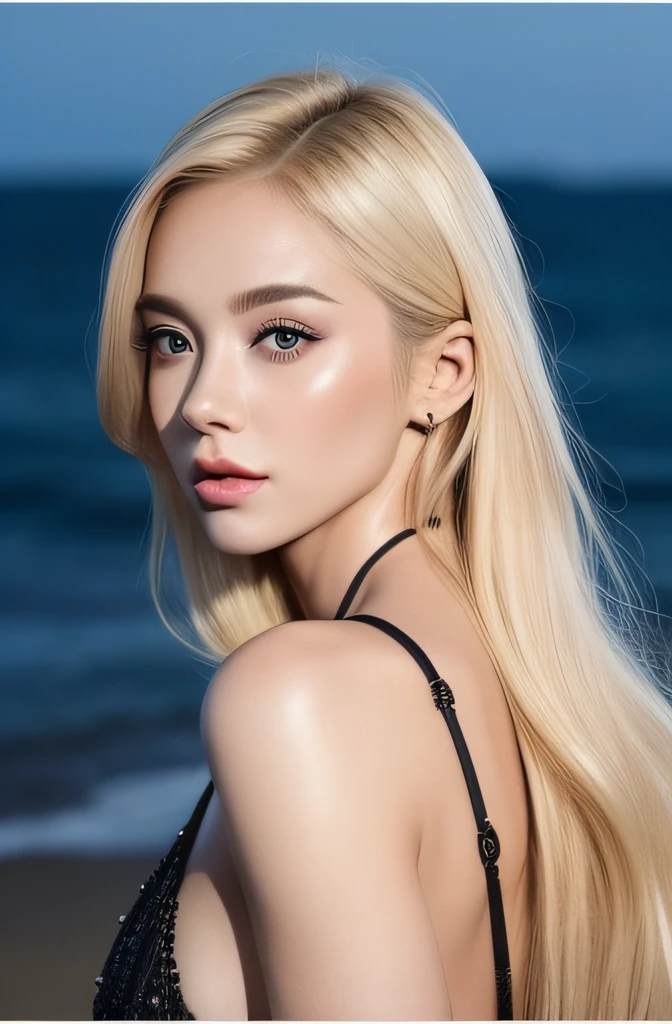 25-year-old European woman、blonde  hair、Serious、(Incredible skin details:1.4)、(Natural skin:1.2)、(pores:0.6)、make - up、(A detailed eye:1.2)、Sea background、studio、Rim Lights、dark ambiance、(bokeh dof:1.2)、a picture、movie、Photorealsitic、A hyper-realistic、posterior view