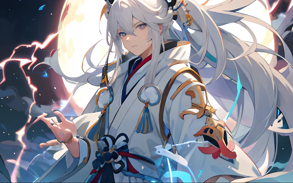 Anime character with white hair and blue eyes standing in front of the full moon, white-haired god, Onmyoji detailed art, onmyoji, onmyoji portrait, Keqing from Genshin Impact, white fox anime, zhongli from genshin impact, white haired Cangcang, nagito komaeda, hajime yatate, flowing white robe