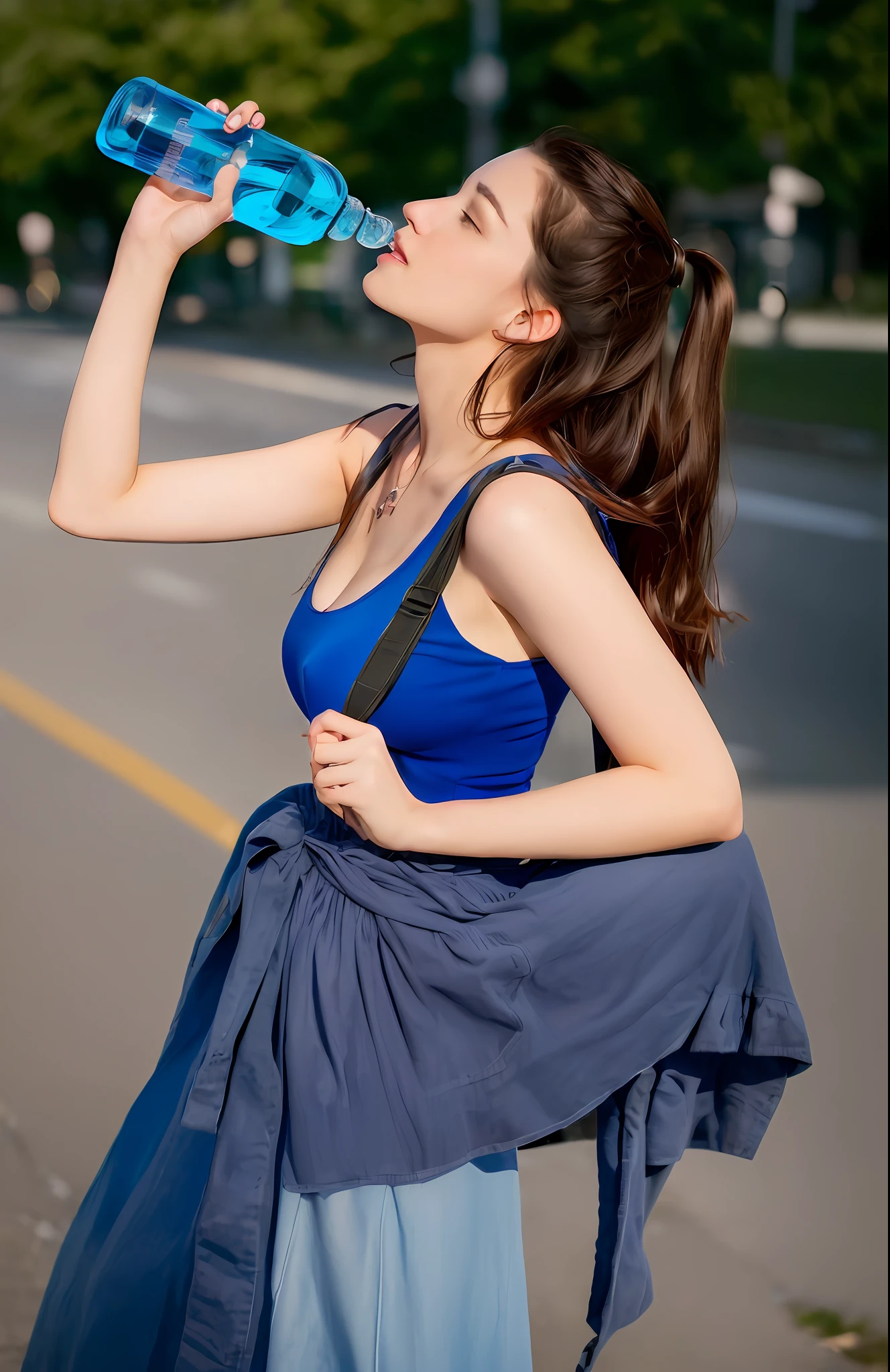 Beautiful woman drinking water from a blue bottle while standing on a sidewalk, carregando saco grande, Ana Nikonova, Directed by: Siona Shimshi, bolsa de fluido, Directed by: Emma Andijewska, Directed by: Anna Haifisch, por Elena Teacher, muito suado, roupas esportivas, Dia de Corinne, Costas - Tiro, Directed by: Jan Zrzavy