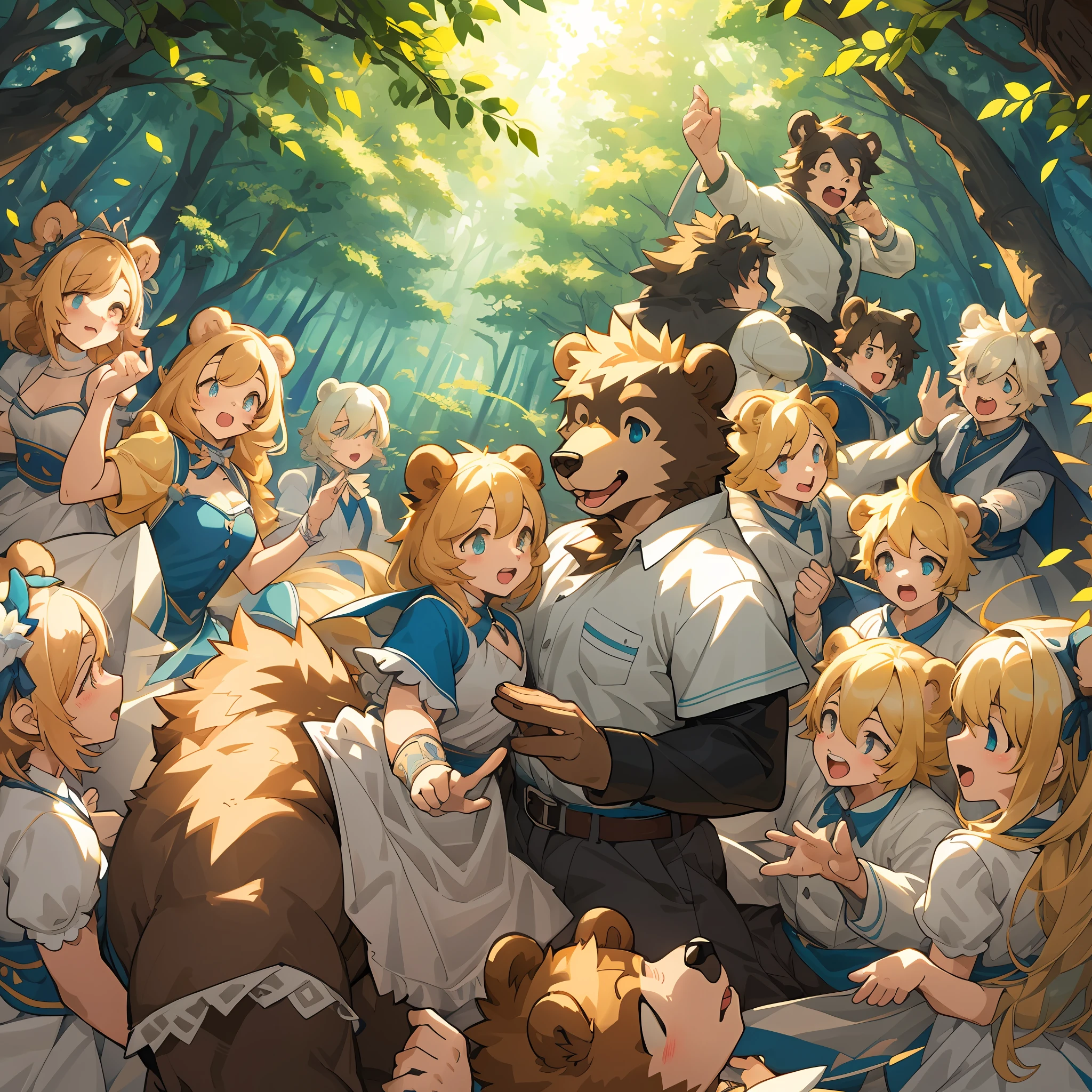 top quality, best quality, High-quality illustrations, masterpiece, super high resolution, detailed background, forest(super cute 1girl, bear, pair)singing, dancing, waltz, 6+boys, 6+girls, absurdres(highly detailed beautiful face and eyes)perfect anatomy, expression, good lighting, cinematic shadow, assorted poses, dynamic angle,