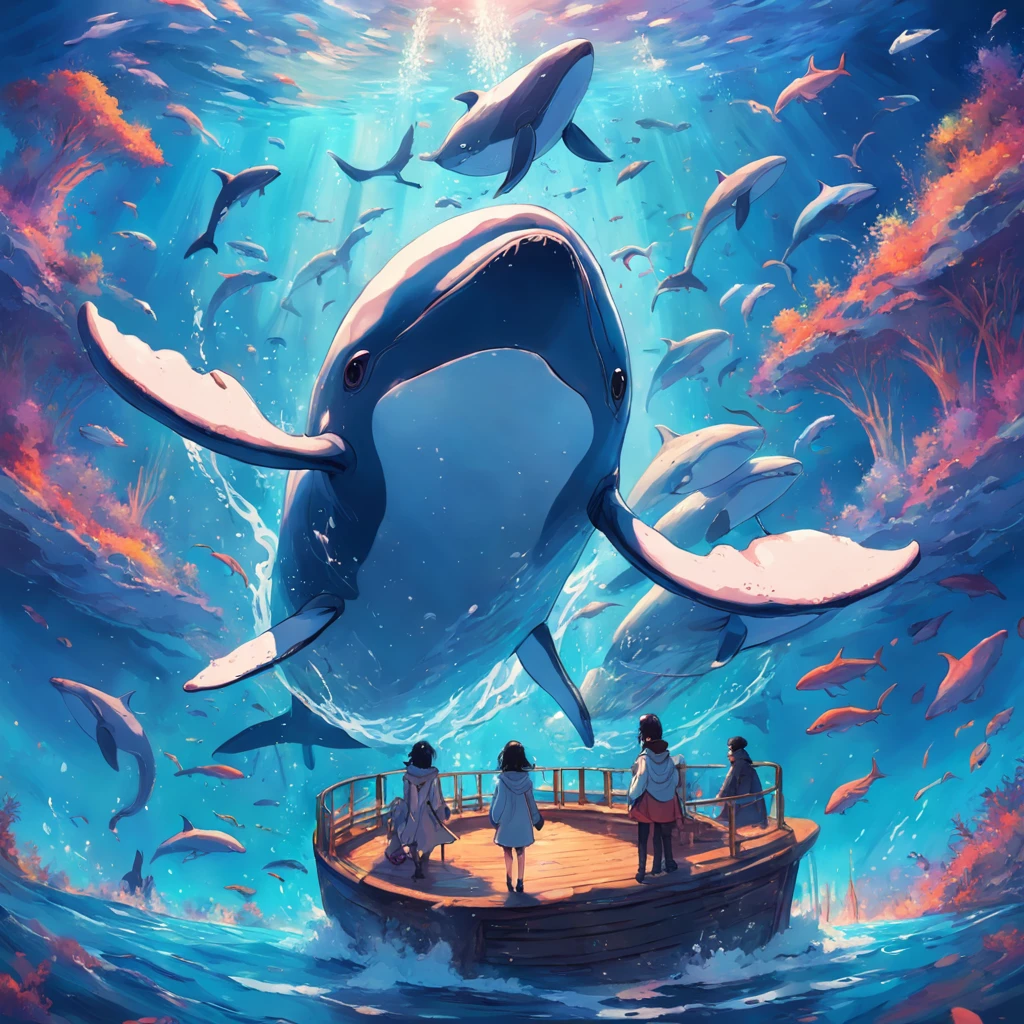 Painting of a pod of dolphins swimming in colorful ocean, sky whales, Inspired by Cyril Rolando, dreamy psychedelic anime, colorful anime movie background, A beautiful artwork illustration, author：Shitao, colorful concept art, Makoto Shinkai Cyril Rolando, In the style of Cyril Rolando, flying whale, Highly detailed watercolor 8K, highly detailed water colour 8 k，octane，Fine，Realistic，8K，Estilo de Makoto Shinkai