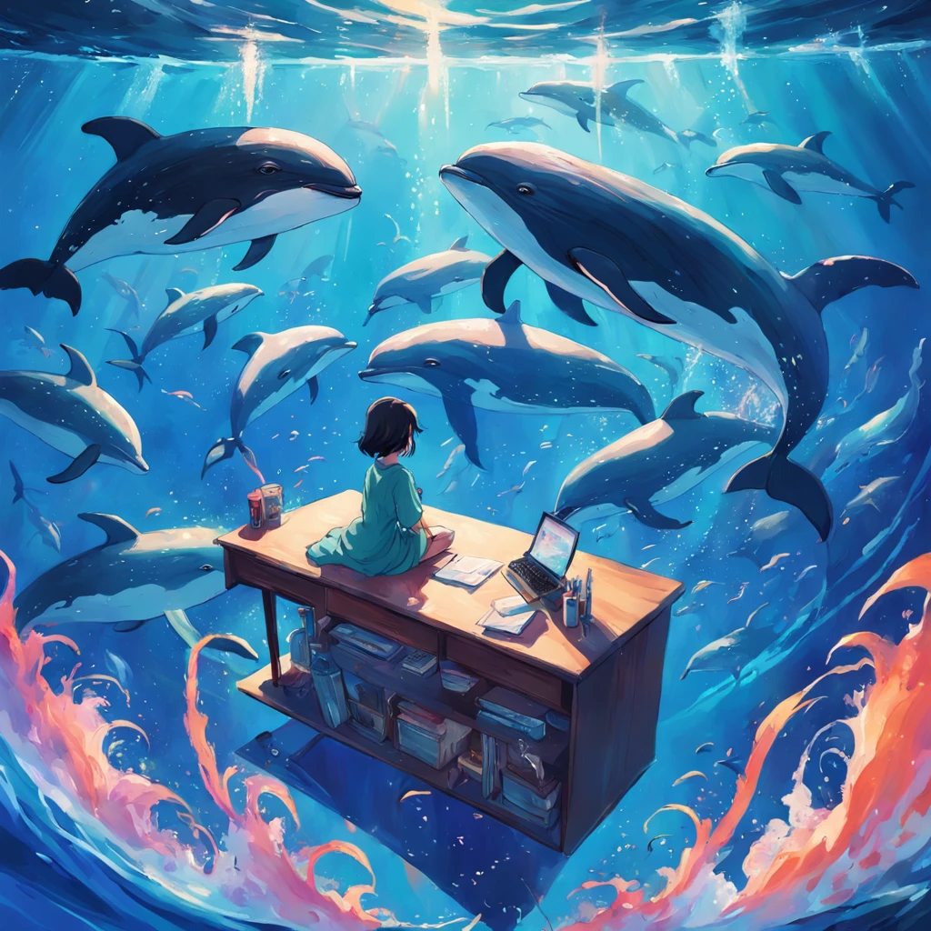 Painting of a pod of dolphins swimming in colorful ocean, sky whales, Inspired by Cyril Rolando, dreamy psychedelic anime, colorful anime movie background, A beautiful artwork illustration, author：Shitao, colorful concept art, Makoto Shinkai Cyril Rolando, In the style of Cyril Rolando, flying whale, Highly detailed watercolor 8K, highly detailed water colour 8 k，octane，Fine，Realistic，8K，Estilo de Makoto Shinkai