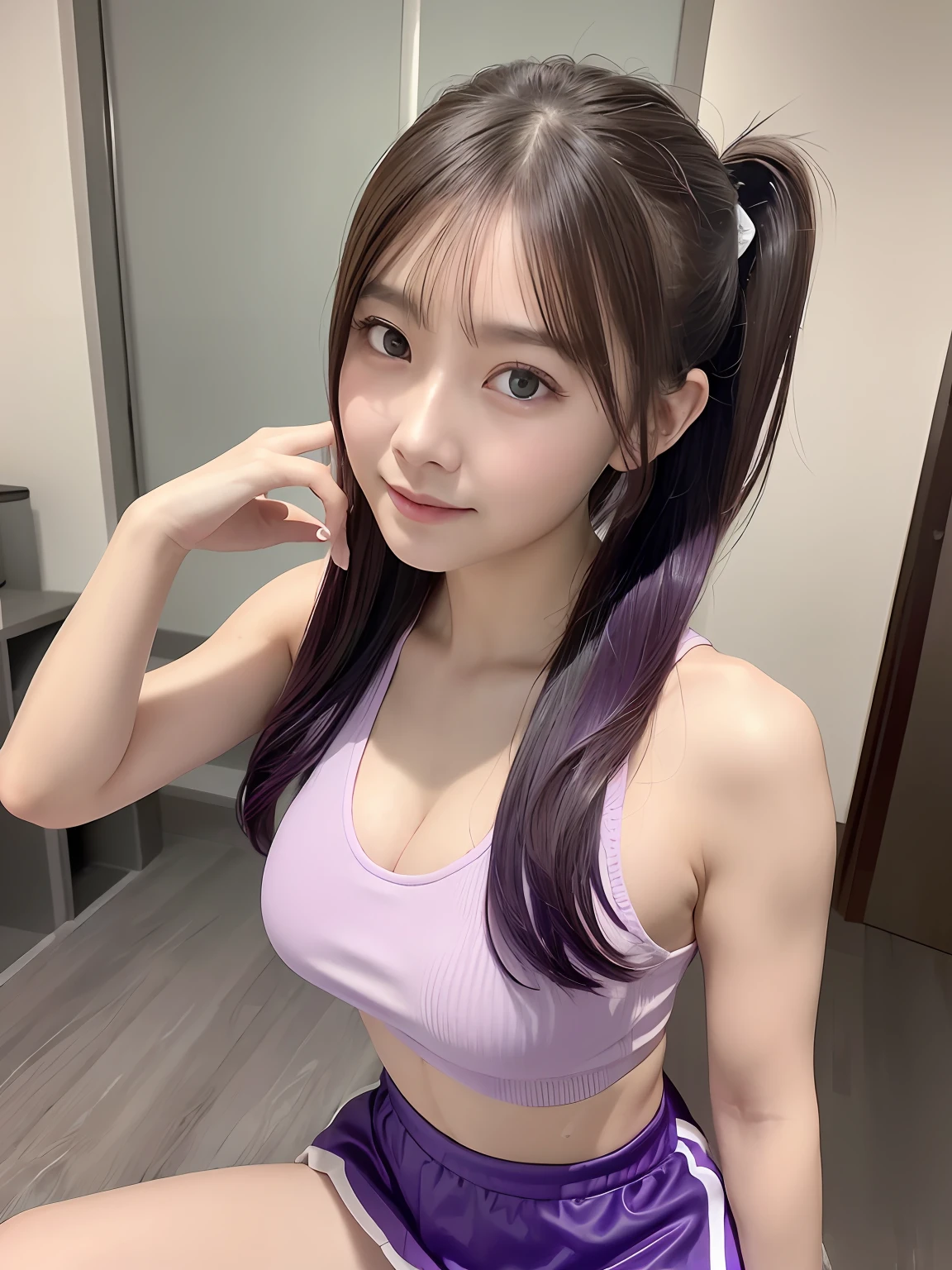 realisticlying,1girl,pony tails,harelip,Blushlush,putting makeup on,Light smile,whaite hair,track suit,a skirt,wetclothes,with light glowing,upper legs,Purple eye,Bare shoulders,鎖骨,a narrow waist,rays of sunshine,rays of sunshine,rosette,ventania,cleavage, (tmasterpiece), sweat leggs,(jiayi:1.5), closeup cleavage, tmasterpiece, best qualtiy, RAW photogr, realisticlying, the face, Incredibly Ridiculous res, depth of fields, A high resolution, ultra - detailed, finedetail, The is very detailed, Extremely detailed eyes and face, Sharp pupils, realistic pupil, tack sharp focus, cinmatic lighting