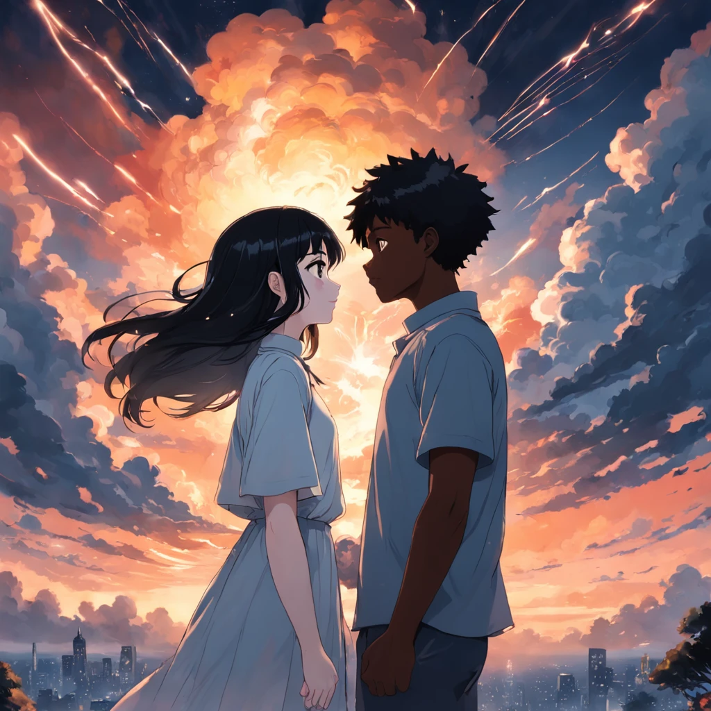 "Capture a masterpiece with the best quality, resembling a movie still of a couple. The couple comprises a black boy and a white girl with black hair, they are looking at each, , depicted as a cloud-like entity floating in the sky. The shot should be a close-up with bright, happy expressions illuminated by warm soft lighting. The backdrop should feature a captivating sunset. Add sparks to enhance the magical atmosphere (weight: 0.7)."