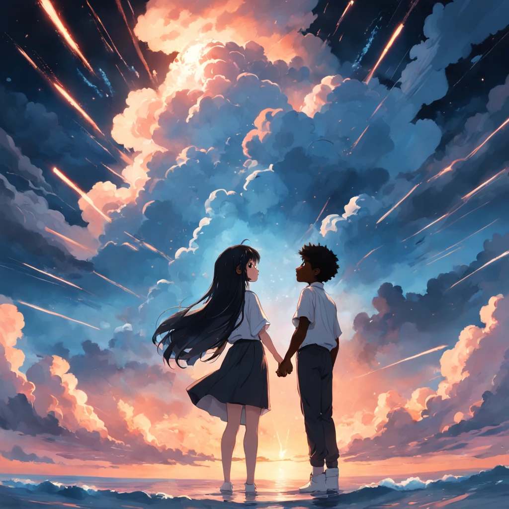 "Capture a masterpiece with the best quality, resembling a movie still of a couple. The couple comprises a black boy and a white girl with black hair, they are looking at each, , depicted as a cloud-like entity floating in the sky. The shot should be a close-up with bright, happy expressions illuminated by warm soft lighting. The backdrop should feature a captivating sunset. Add sparks to enhance the magical atmosphere (weight: 0.7)."