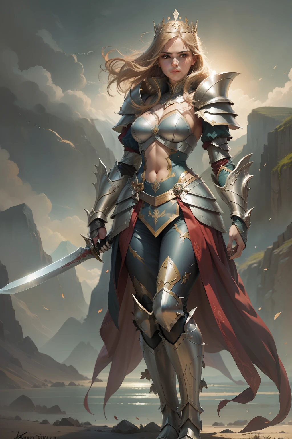 female character two swords fantasy body armor fighter queen fantasy background action pose more serious armor royal face full body armor