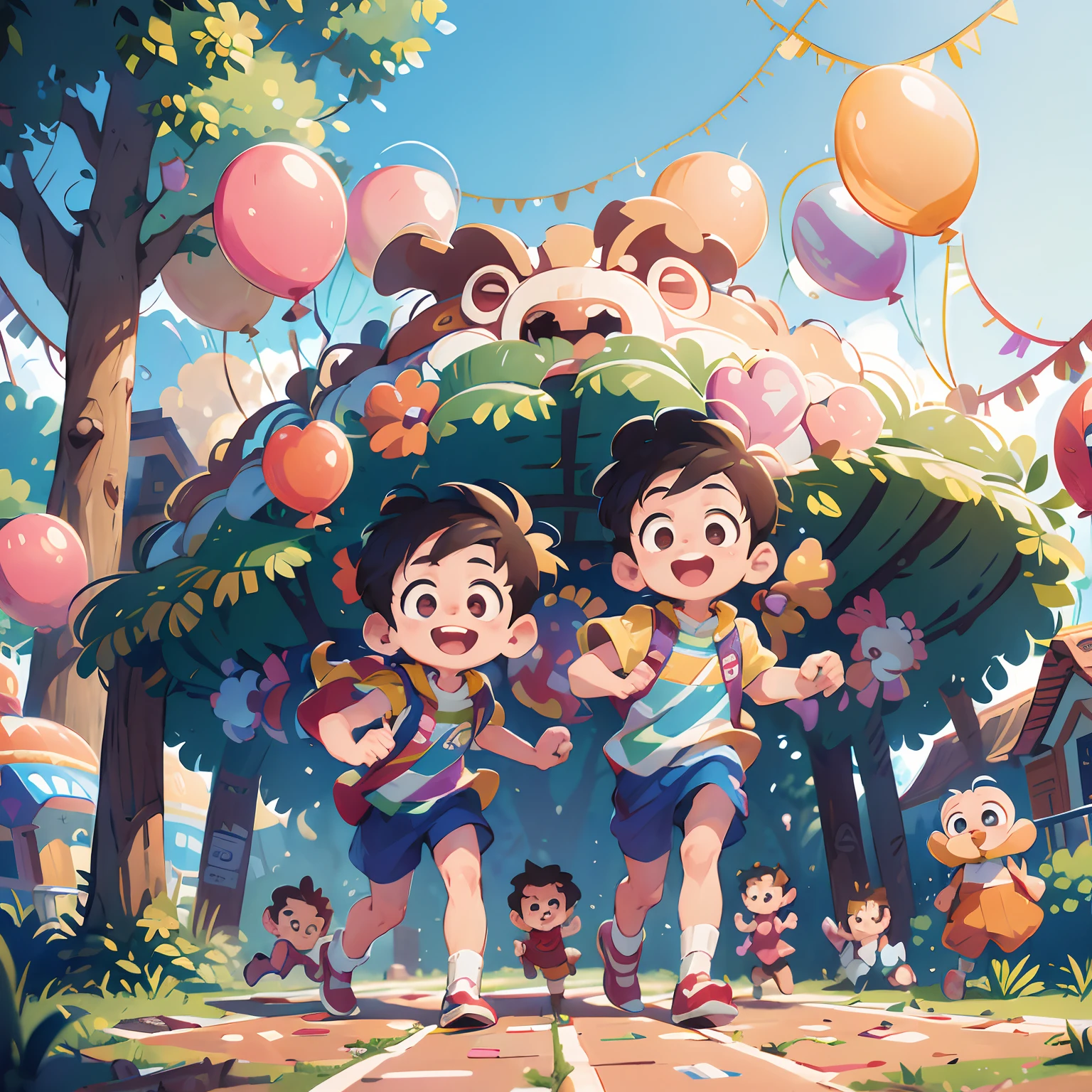 Two children, brincando, Fofas, roupas infantis, sorrindo, compositing, melhores amigas, garotinhas, perspectiva, estilo anime, fantasia, Colouring, Globos, Manga Cover Composition, anime