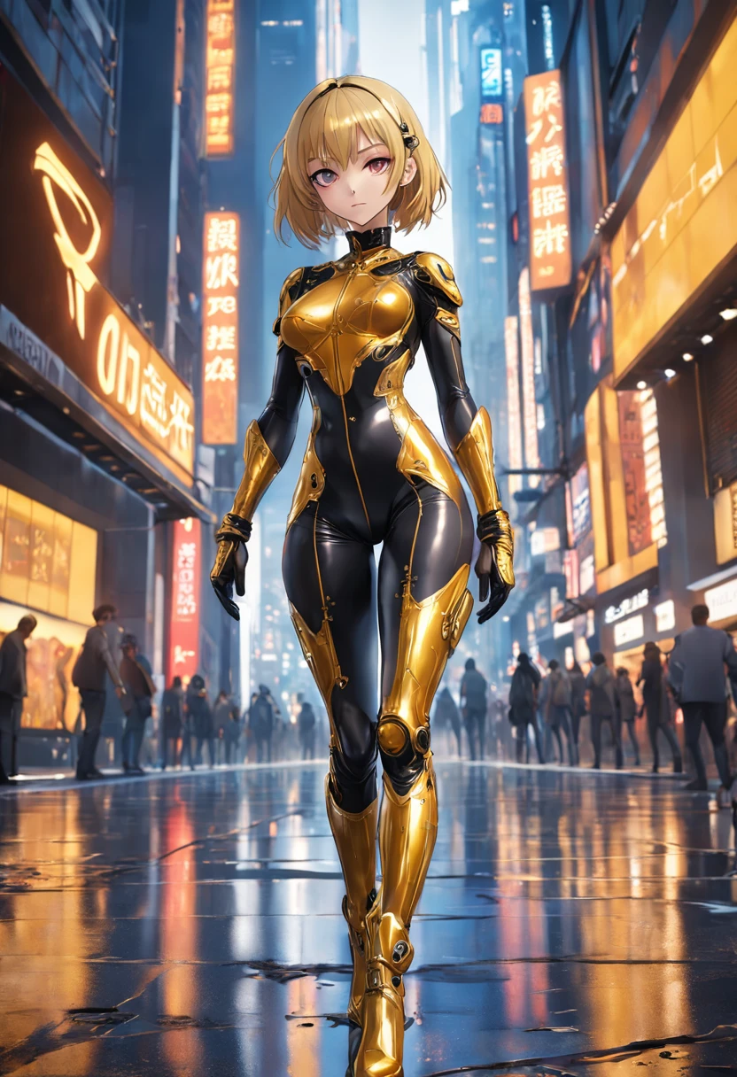 (((best quality))), (((masterpiece))), solo, super fine photo, full body picture Unreal Engine 5 8K UHD, beautiful girl, face detailed, wearing skin tight latex catsuit with gold lace, latex collar, latex gloves, latex long socks with straps, arm and leg cuffs, unified 8k wallpaper, hyper detailed, sharp focus, walking in the futuristic city.