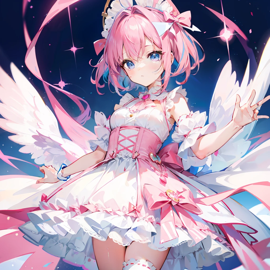 Short pink-blue hair，Wearing a pink and white bow princess dress，White stockings，She is a cute cute girl