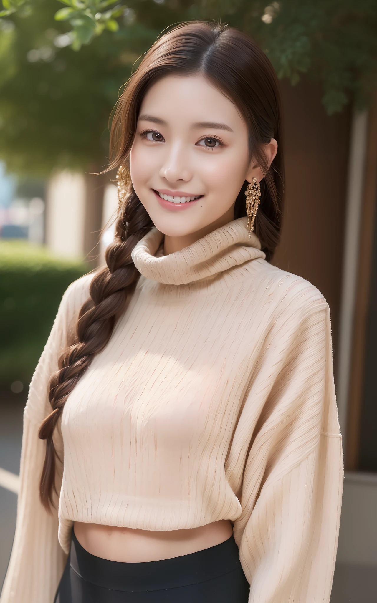 ((top-quality、in 8K、​masterpiece:1.3、超A high resolution))、(Clear focus:1.4)、BREAK、A Japanese Lady、cute little、1 persons、full bodyesbian、light skinned、((dark brown  hair))、Fishtail braiding style、Break HA、(Detailed fabrics、Oversized sweaters and leggings:1.5)、Break HA、Charm Bracelet、Break HA、Super fine face、A detailed eye、Narrow-eyed、二重まぶた、Break HA、Reddish cheeks、Detailed skin、Sweating、Lustrous skin、glowy skin、Shine skin、Shaded skin、glowy skin、Wearing makeup、Break HA、detailed lips、ruddy lips、Laughing、break、(Colossal tits:1.1)、Beautiful leg line、looking in camera、BREAK、(细致背景:1.1、Art Classes:1.8)、Natural lighting