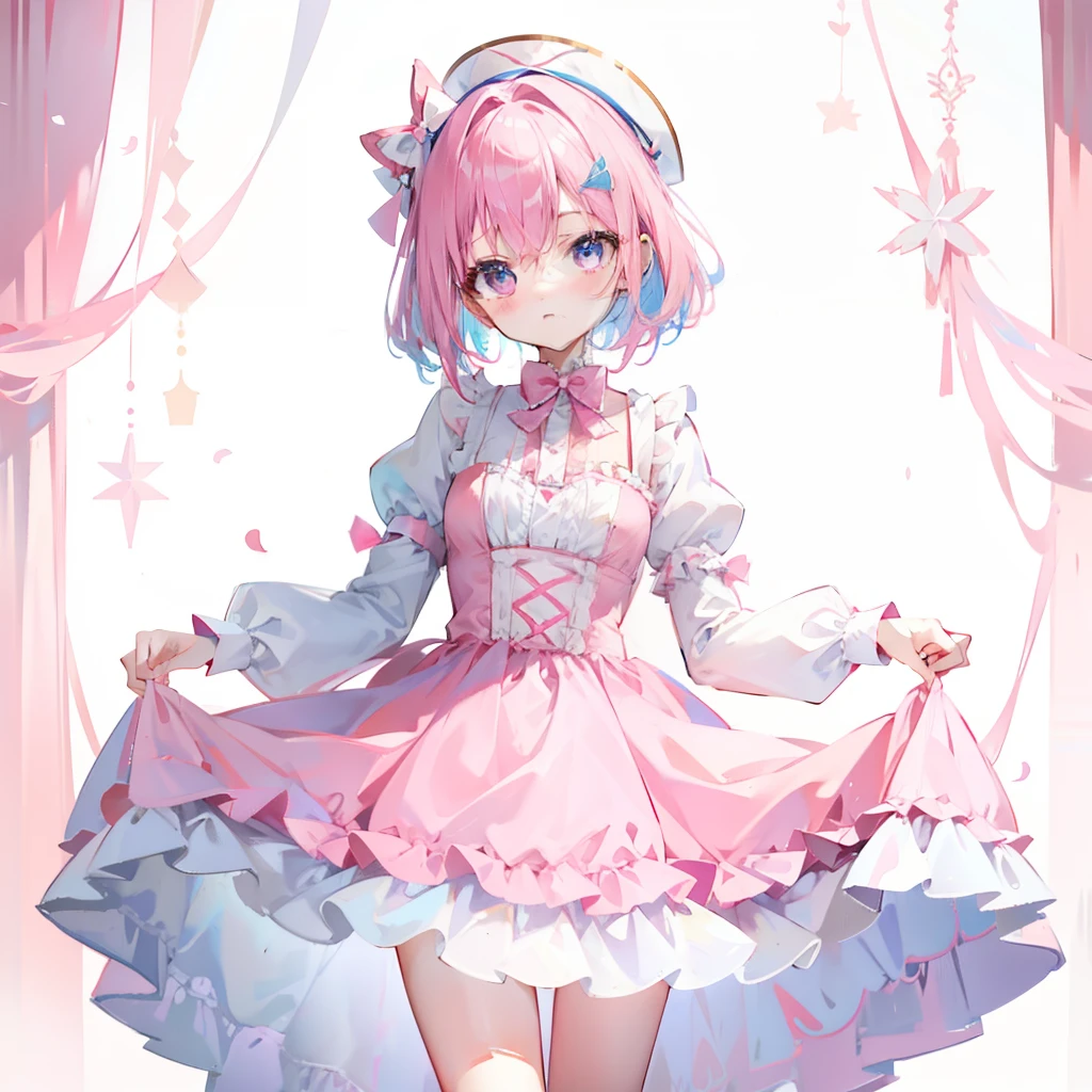 Short pink-blue hair，Wearing a pink and white bow princess dress，White stockings，She is a cute cute girl