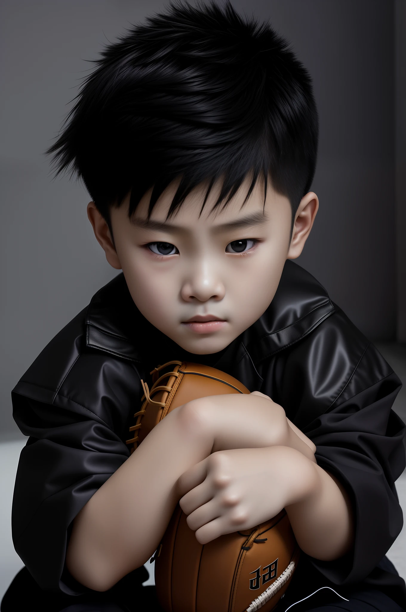 Chinese kid sitting on floor wearing baseball gloves, detailed face of a asian boy,largeeyes,Double eyelids The boy has short black hair, Young boy, inspired by Xia Yong, frown fashion model, young child, yanjun cheng, dramatic portraiture of uuen, close up portrait shot, young wan angel, in a menacing pose, ruan jian