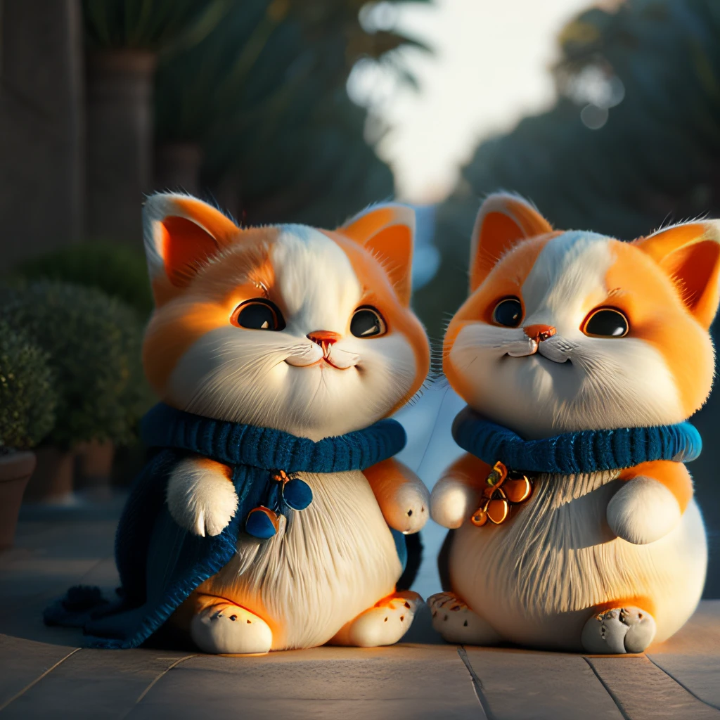 catss,Orange,Fat Chubby,Blue and white cats,no_humans,depth of fields,Disney style,DARK_Glam,wearing DRK_Glam,deep shading,(brightly:1.4),(8k,RAW photos,best qualtiy,tmasterpiece:1.2),The expression is wide open and the mouth is happy
