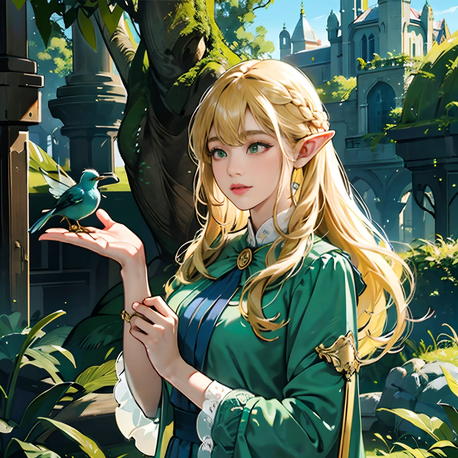 Women in Their 20s, offcial art, unity 8k wall paper, ultra-detailliert, beautifly、Aesthetic, masterpiece, top-quality, Photorealsitic, Female Elf、Dark green eyes、blondehair、Braids:1.5、Pointed ears、Dark green costume、Light green blouse、Gold Brooch、golden hair ornaments、Big magic wand:2.0、Big bag、depth of fields, Fantastic atmosphere, Calm palette, tranquil mood, Soft shading、Ruins in the forest、Ruins covered in vegetation、Crumbling stone statue、Green Tree々、Beautiful Landscapes、bbw、very large breast、plump figure、Little blue bird、Light fairy in the palm of your hand:1.5