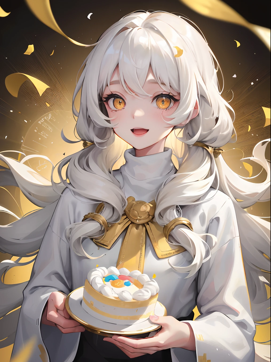 1woman, white long wavy hair, swept bangs, ((golden eyes)), cozy home background, popping confetti poppers, wearing turtleneck, overly excited face, holding cake
