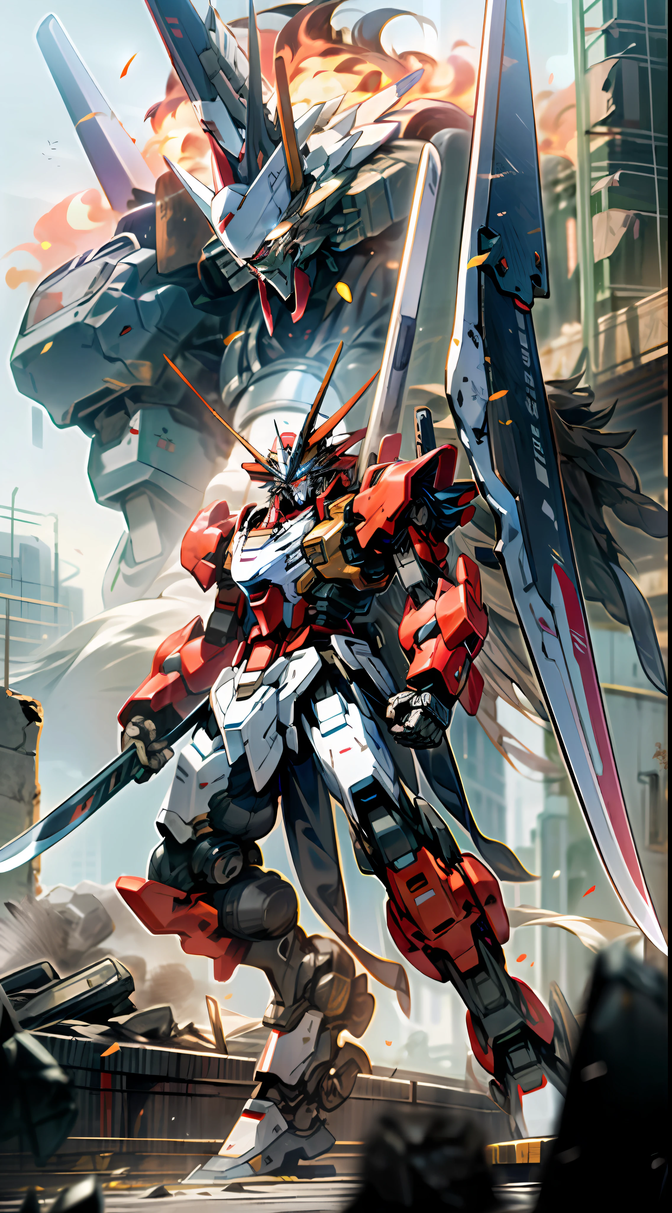 Surrealism, ray tracing, UHD, high details, 8k, best quality, textured skin，Gundam Mech，Dragon wings，tmasterpiece，best qualtiy，mechs，A ager levitates in the air，（full bodyesbian），（Black mech：1.5），（轴对称：1.4），（HDR），（cinematric light：1.1），White eyes，Cool,scientific fiction，firey，Don Dao，karo，conflict，Destroyed city background holding Tang knife，（Armed with a huge weapon：1.5），holding an oversized shield，Mecha male，