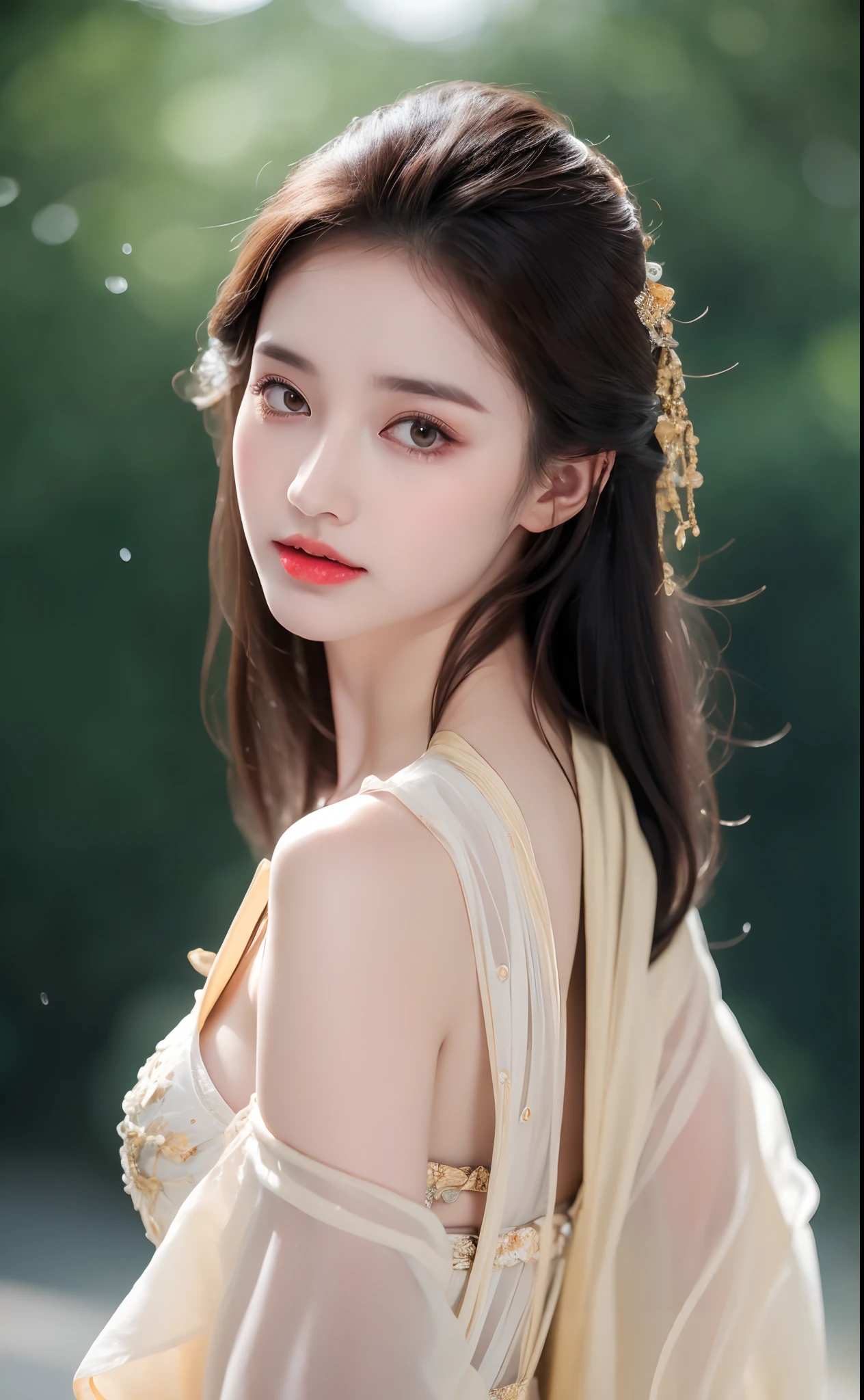 ((Best Quality, 8k, Masterpiece: 1.3)), Focus: 1.2, Perfect Body Beauty: 1.4, Buttocks: 1.2, ((Layered Haircut)), (Wet Clothes: 1.1), (Rain, Street:1.3), (Breasts: 1.2), (Hanfu: 1.2), Bare Shoulders, Bare Legs, Highly Detailed Face and Skin Texture, Fine Eyes, Double Eyelids, Whitened Skin, Long Hair, (Shut Up: 1.5), (Bokeh Background: 1.5), Big Breasts