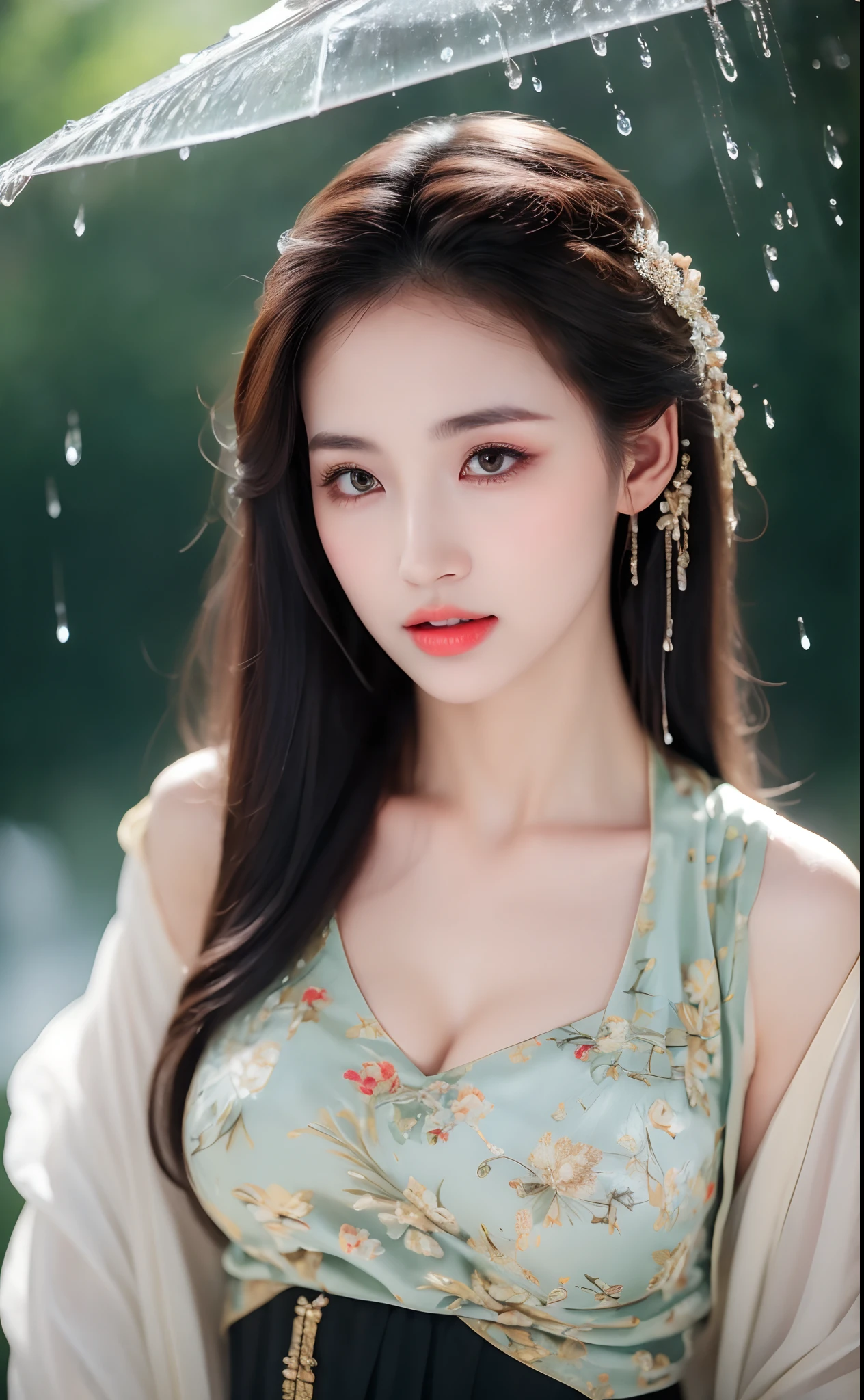 ((Best Quality, 8k, Masterpiece: 1.3)), Focus: 1.2, Perfect Body Beauty: 1.4, Buttocks: 1.2, ((Layered Haircut)), (Wet Clothes: 1.1), (Rain, Street:1.3), (Breasts: 1.2), (Hanfu: 1.2), Bare Shoulders, Bare Legs, Highly Detailed Face and Skin Texture, Fine Eyes, Double Eyelids, Whitened Skin, Long Hair, (Shut Up: 1.5), (Bokeh Background: 1.5), Big Breasts