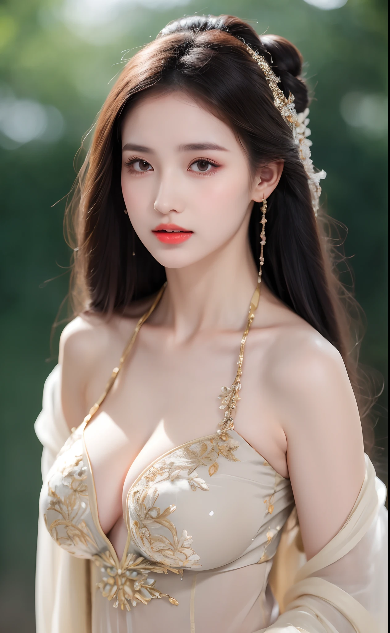 ((Best Quality, 8k, Masterpiece: 1.3)), Focus: 1.2, Perfect Body Beauty: 1.4, Buttocks: 1.2, ((Layered Haircut)), (Wet Clothes: 1.1), (Rain, Street:1.3), (Breasts: 1.2), (Hanfu: 1.2), Bare Shoulders, Bare Legs, Highly Detailed Face and Skin Texture, Fine Eyes, Double Eyelids, Whitened Skin, Long Hair, (Shut Up: 1.5), (Bokeh Background: 1.5), Big Breasts