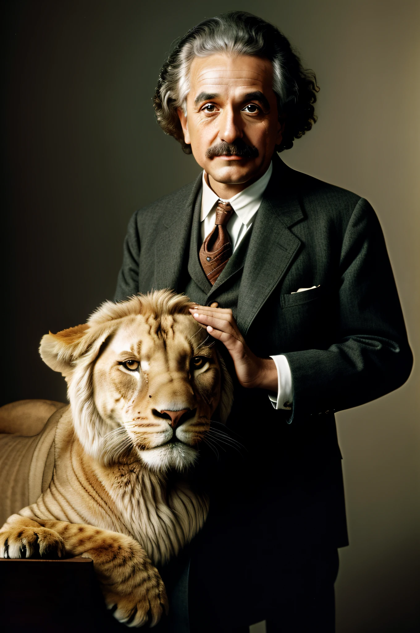 Man in suit and tie petting a lion, Retrato de Albert Einstein jovem, Retrato de Einstein, fotografia editorial, albert einstein, Einstein, dwarf scientist of 1 9 century, photo rendering, old scientific documents, retrato vfx altamente detalhado de, foto de retrato, Directed by: Kurt Roesch, genius composition, professor calculus, Directed by: Edwin Georgi, conhecimento intenso