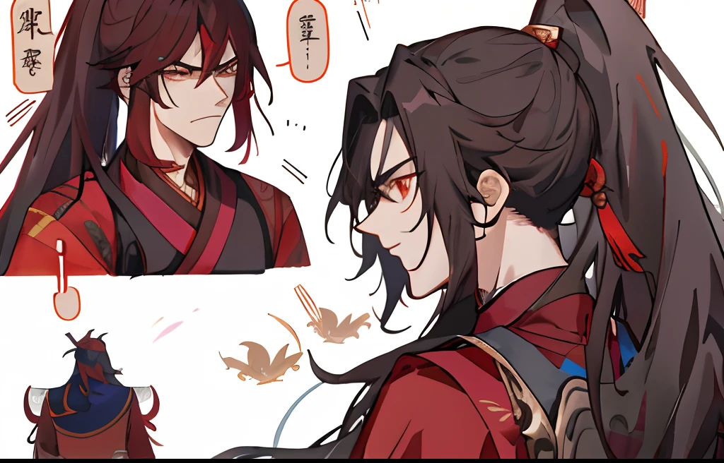Anime characters with long hair and red costumes with swords, heise jinyao, yiqiang and shurakrgt, Keqing from Genshin Impact, bian lian, Xianxia, zhongli from genshin impact, Wuxia, they are fighting very angry, by Yang J, with his long black hair, xianxia hero