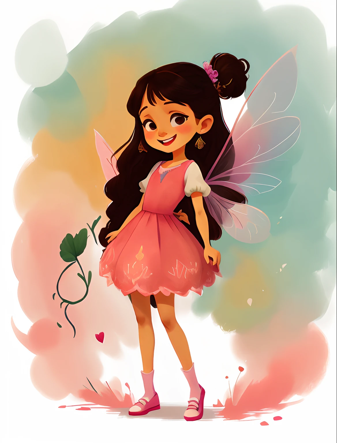 Fada dos desenhos animados cartoon com cabelo castanho longo e vestido rosa com branco, Andando corpo inteiro, full-body drawing showing feet, usando sapatilha rosa delicada,  multiples poses and expressions, com as maos na cintura maos em ultra qualidade e lindas, Symmetrical fairy wings, fada bonita, sorrindo como uma rainha de fadas,  fada morena, Retrato da princesa da fada, Retrato de uma fada, princesa fada, bela arte digital, Retrato da fada, space flower fairy, painting digital adorable, arte digital detalhada bonito fundo branco simples, fada bonita, Driving style: Marie Angel estilo desenho animado aquarelado, arte estilo aquarela 2D com fundo branco simples