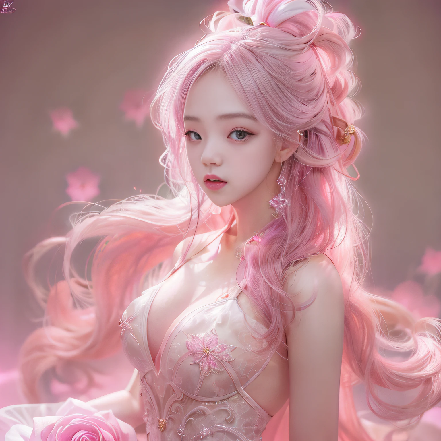 best qualtiy， tmasterpiece， A high resolution， 1girll，Chinese wedding dress，Tyndall effect，realisticlying，Pink room edge lighting，twotonelighting，（highdetailskin：1.2），8K high-definition，gentle illumination，high high quality，Volume lighting, bblurry, Upper body, Plump breasts, Deep cleavage