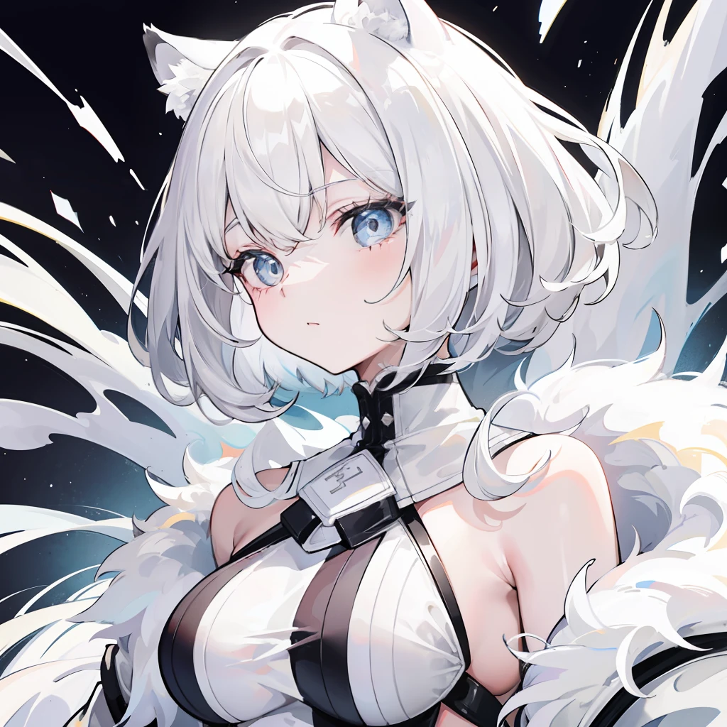Short creamy white hair,It has white tiger ears,White tiger tail,Wears a thick cotton coat with a high neck and black and white like a white tiger,The whole person looks sprawling,Milky whoops,She is a very cute cute girl