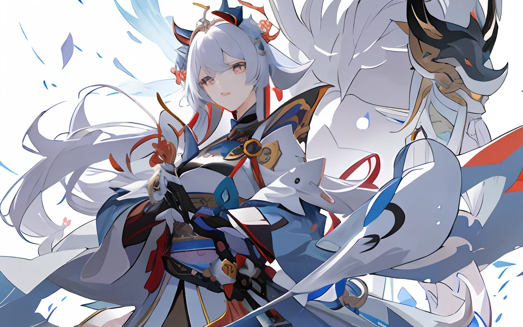 Anime - Stylistic image of a woman with a sword and a demon, From the night of the ark, Onmyoji detailed art, Keqing from Genshin Impact, onmyoji, arknight, Genshin impact's character, zhongli from genshin impact, flowing white robe, Genshin, by Yang J, onmyoji portrait, Genshin Impact, Genshin Impact style