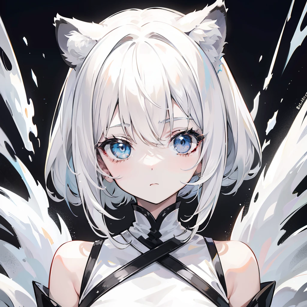 Short creamy white hair，It has white tiger ears，White tiger tail，Wears a thick cotton coat with a high neck and black and white like a white tiger，The whole person looks sprawling，Milky whoops，She is a very cute cute girl