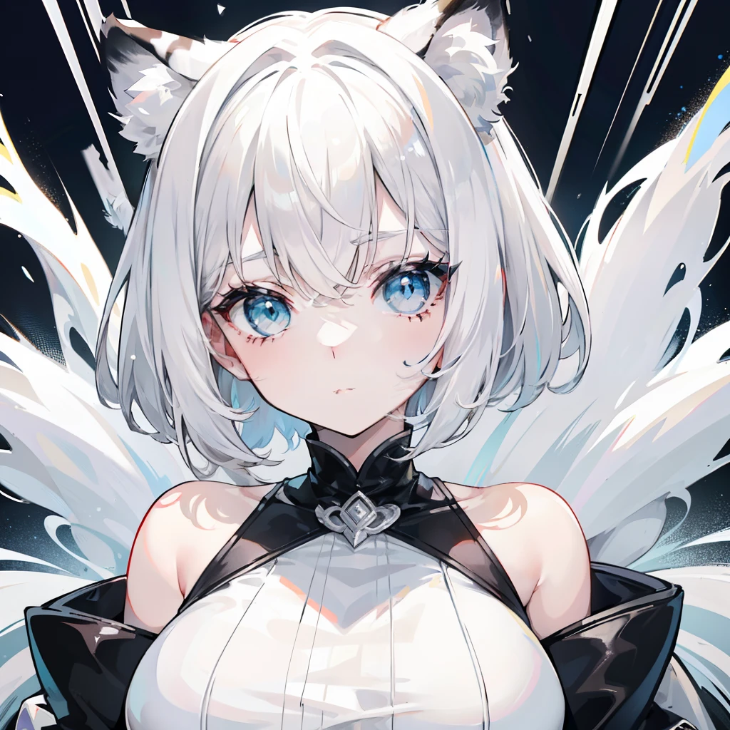 Short creamy white hair，It has white tiger ears，White tiger tail，Wears a thick cotton coat with a high neck and black and white like a white tiger，The whole person looks sprawling，Milky whoops，She is a very cute cute girl