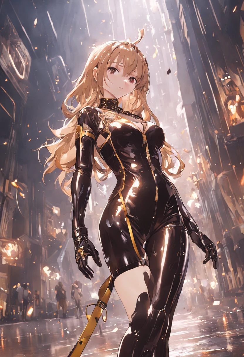 (((best quality))), (((masterpiece))), solo, super fine photo, full body picture Unreal Engine 5 8K UHD, beautiful woman, curvy woman, face detailed, wearing skin tight latex catsuit with gold lace, latex collar, latex gloves, latex long socks with straps, arm and leg cuffs, unified 8k wallpaper, hyper detailed, sharp focus, walking in the futuristic city.