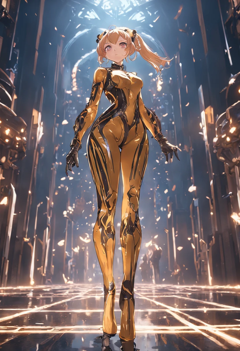 (((best quality))), (((masterpiece))), solo, super fine photo, full body picture Unreal Engine 5 8K UHD, beautiful girl, face detailed, wearing skin tight latex catsuit with gold lace, latex collar, latex gloves, latex long socks with straps, arm and leg cuffs, unified 8k wallpaper, hyper detailed, sharp focus, walking in the futuristic city.