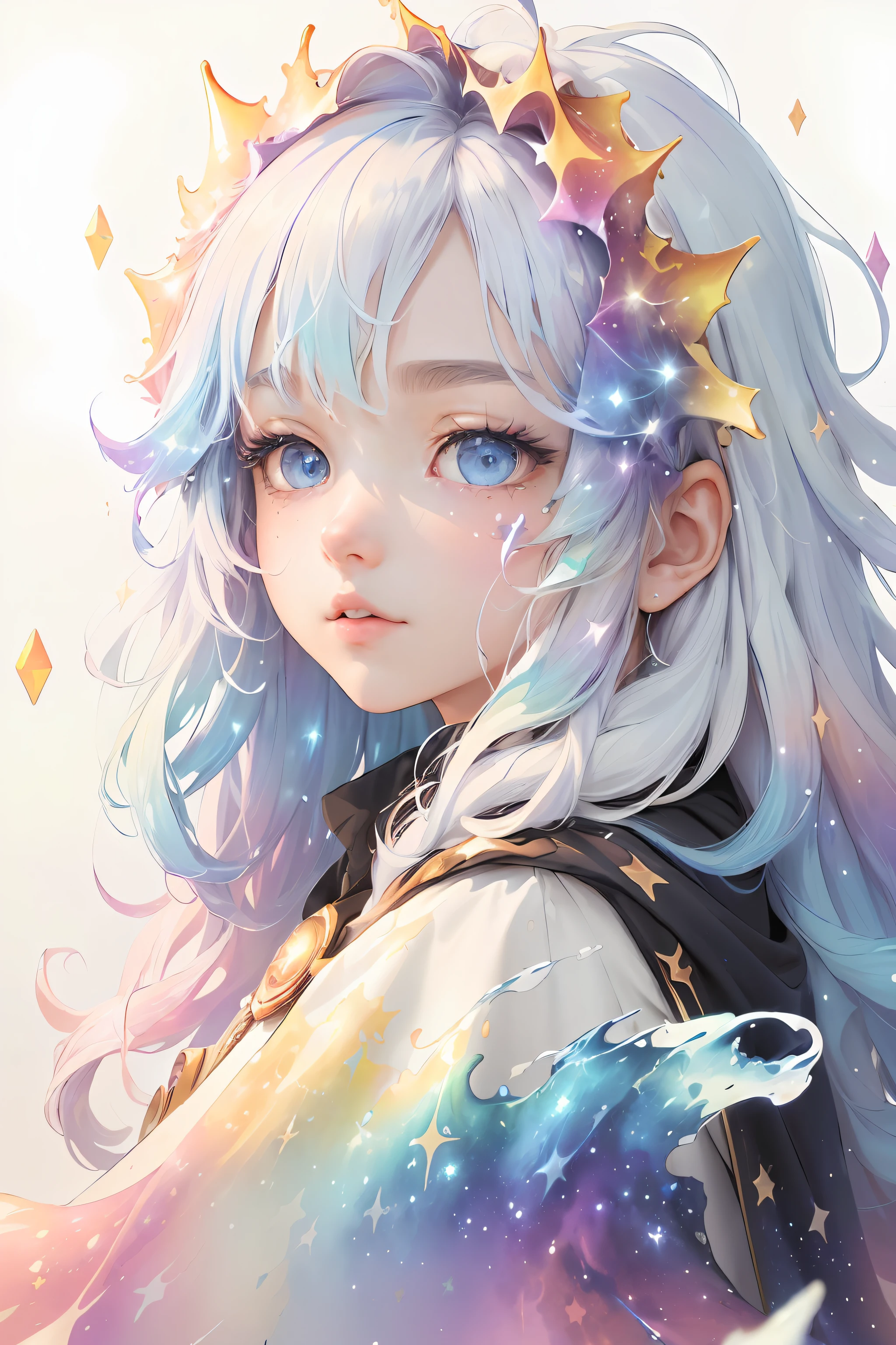 ((masterpiece)), (((best quality))), ((ultra-detailed)), ((illustration)),[realism light effect],shadow,(Fantasy style),(white background:1.4), simple background, (space theme),(a cloak)[(hair focus,((2girl)),[(big slime hair): (cloud hair):0.5], (hair on background),(high saturation),(hair surrounded by galaxy splashes),)):((her hair is becoming galaxy clouds,:1.27628), (hair and clothes is galaxy clouds and cluster of stars:1.1025),(a cloak is becoming galaxy clouds)(colorful_galaxy_print_clusters_of_stars_print:1.35),((detailed starry sky with colorful galaxy and galaxy clouds):1.2)):0.35], (((masterpiece))),(((best quality))),((ultra-detailed)),(illustration),(dynamic angle),((floating)),(paint),((disheveled hair)),((beautiful detailed face)),collar,bare shoulders, ((colorful hair)),((streaked hair)),beautiful detailed eyes,(Gradient color eyes),(((colorful eyes))),(((colorful background))),(((high saturation))),(((surrounded by colorful splashes))),(((surrounded by colorful dot))),colorful bubble,((shining)),