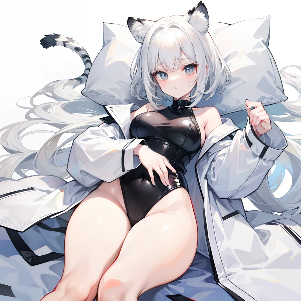 Short creamy white hair,It has white tiger ears,White tiger tail,Wears a thick cotton coat with a high neck and black and white like a white tiger,The whole person looks sprawling,Milky whoops,She is a very cute cute girl